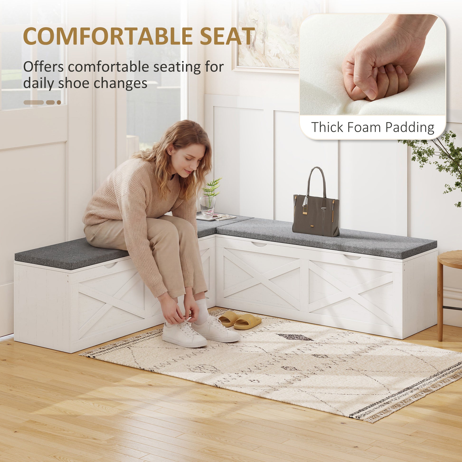 Shoe Bench L-Shaped Shoe Storage Bench Padded Cushion for Entryway Corner, White-Home Furnishings > Storage & Organization > Shoe Storage Cabinets & Racks-DECOROLALA