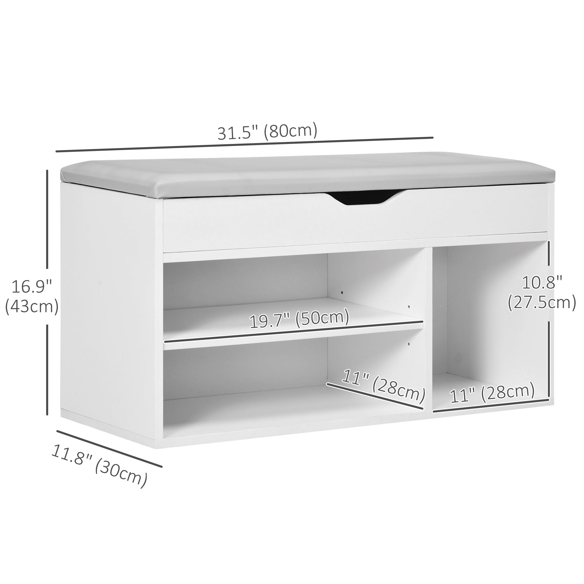 Shoe Bench Storage Rack with Padded Cushion - White 31.5"L-Home Furnishings > Storage & Organization > Storage Ottomans & Benches-DECOROLALA