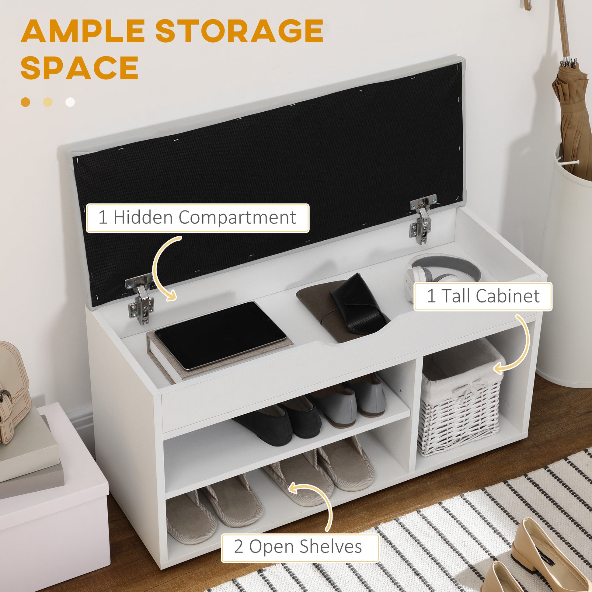 Shoe Bench Storage Rack with Padded Cushion - White 31.5"L-Home Furnishings > Storage & Organization > Storage Ottomans & Benches-DECOROLALA