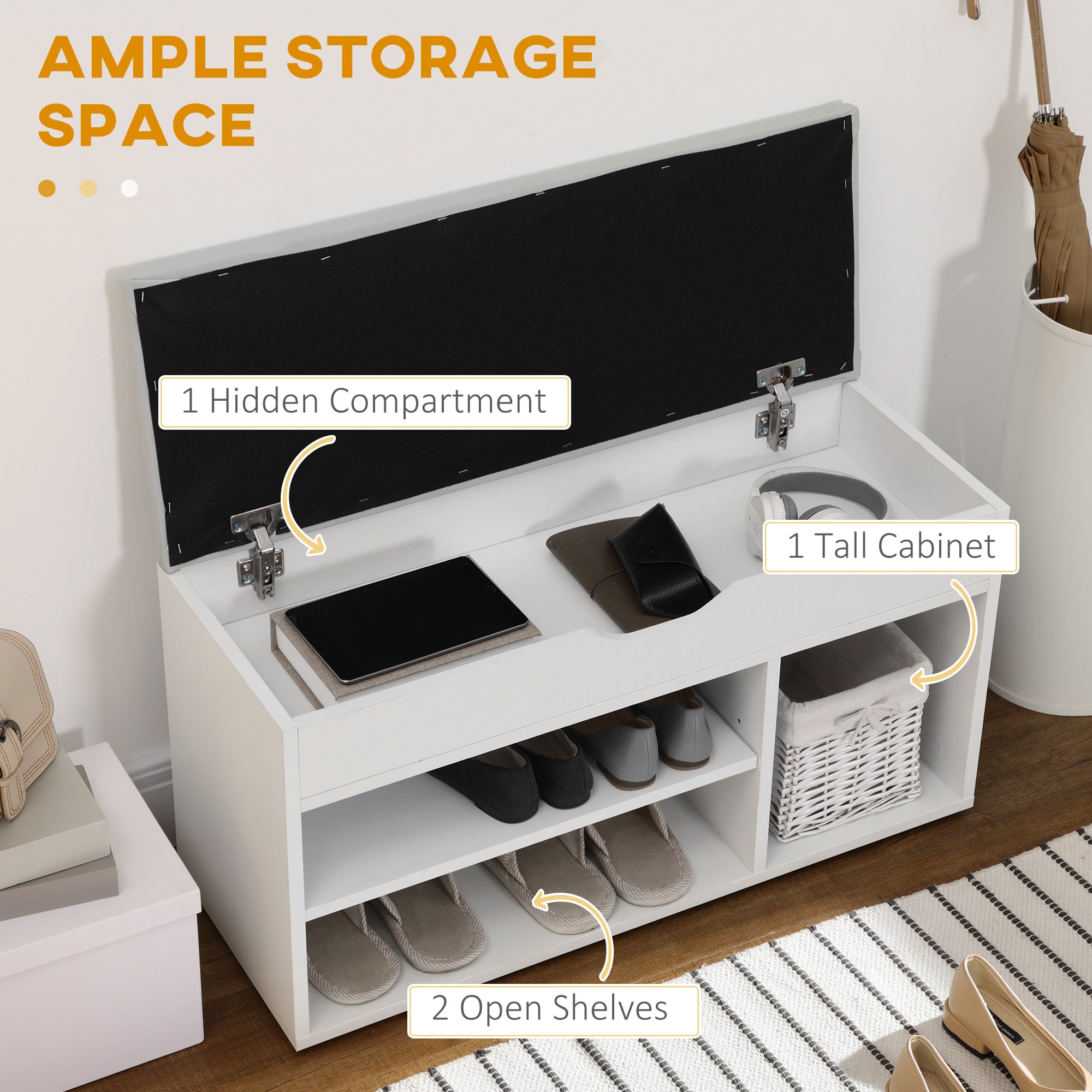 Shoe Bench Storage Rack with Padded Cushion - White 31.5"L-Home Furnishings > Storage & Organization > Storage Ottomans & Benches-DECOROLALA