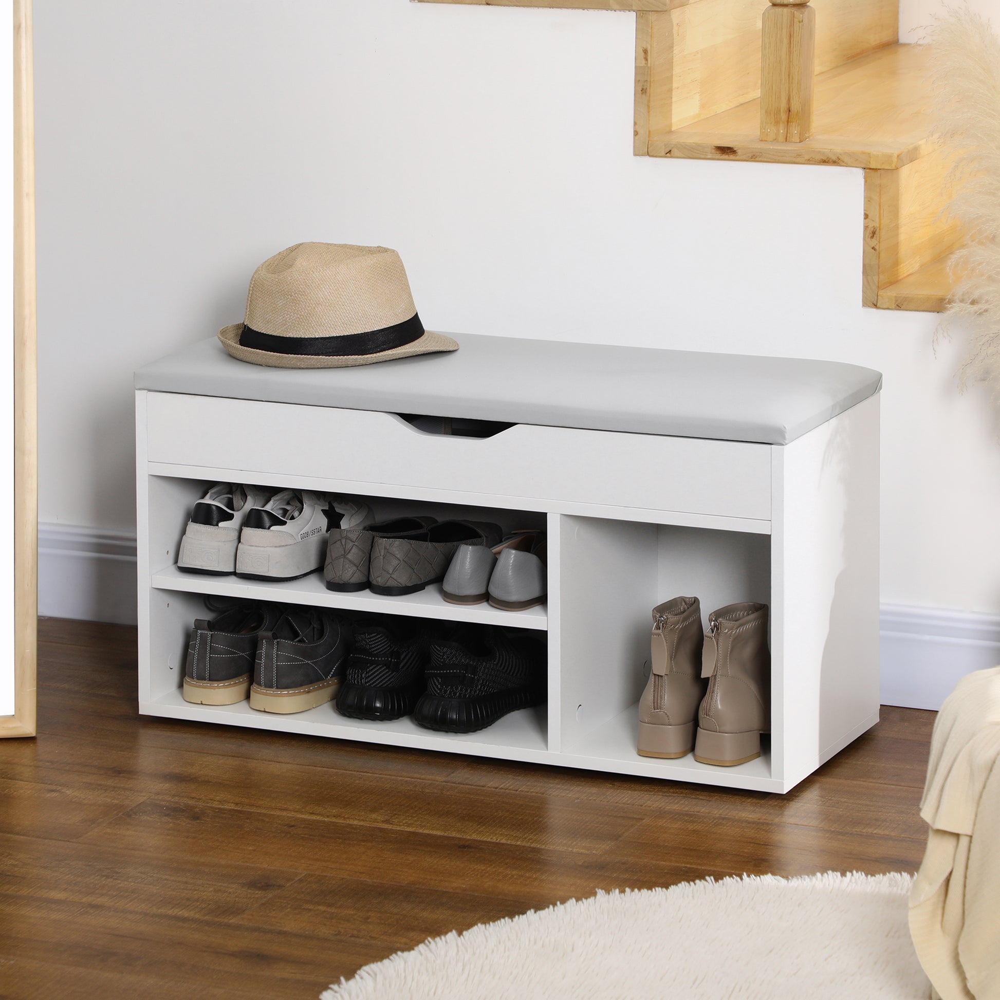 Shoe Bench Storage Rack with Padded Cushion - White 31.5"L-Home Furnishings > Storage & Organization > Storage Ottomans & Benches-DECOROLALA