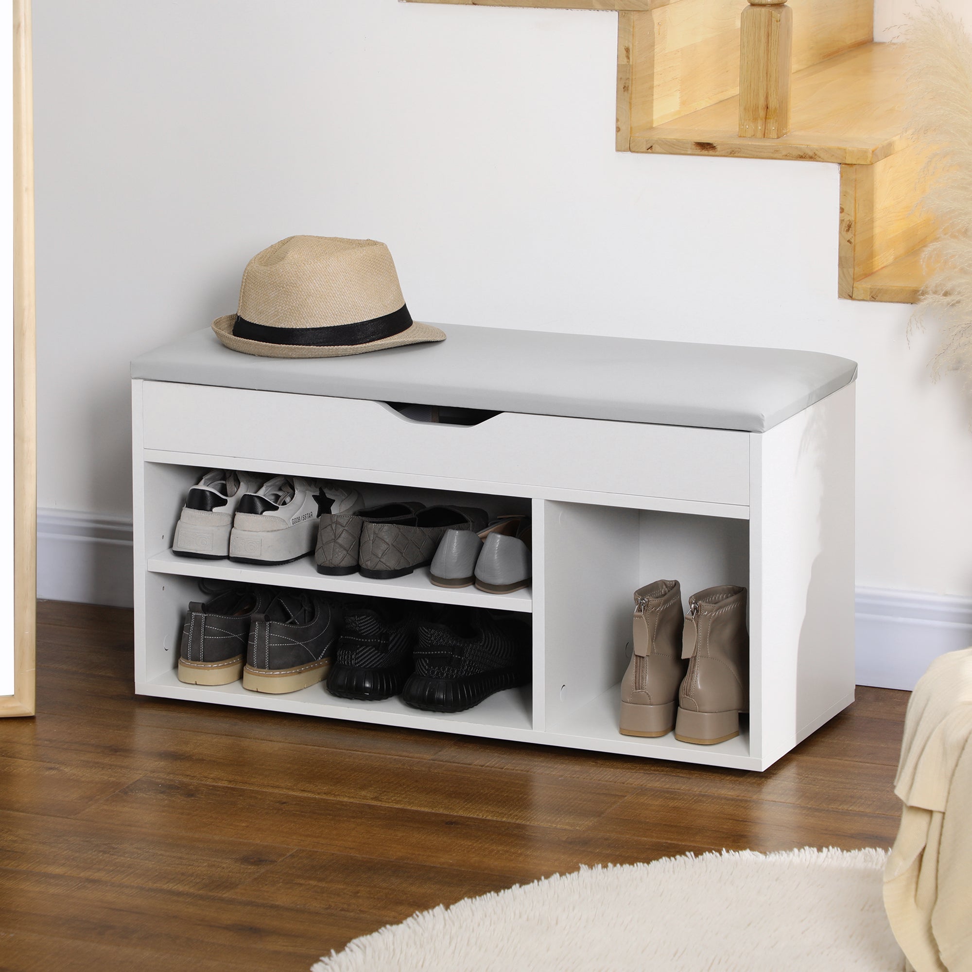 Shoe Bench Storage Rack with Padded Cushion - White 31.5"L-Home Furnishings > Storage & Organization > Storage Ottomans & Benches-DECOROLALA