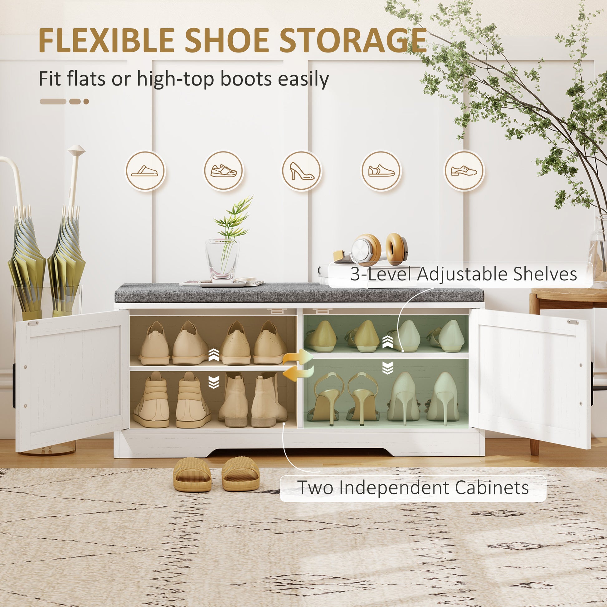 Shoe Bench with Cushion Shoe Storage Bench with Doors Adjustable Shelves for Entryway, White-Home Furnishings > Storage & Organization > Shoe Storage Cabinets & Racks-DECOROLALA