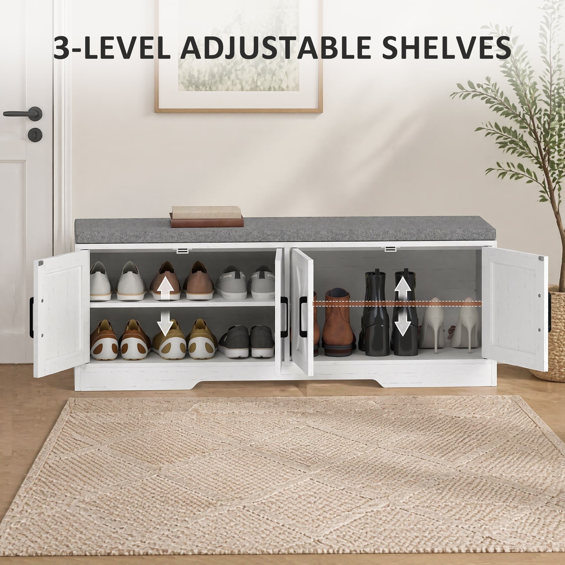 Shoe Bench with Cushion Shoe Storage Bench with Doors Adjustable Shelves for Entryway, White-Home Furnishings > Storage & Organization > Shoe Storage Cabinets & Racks-DECOROLALA