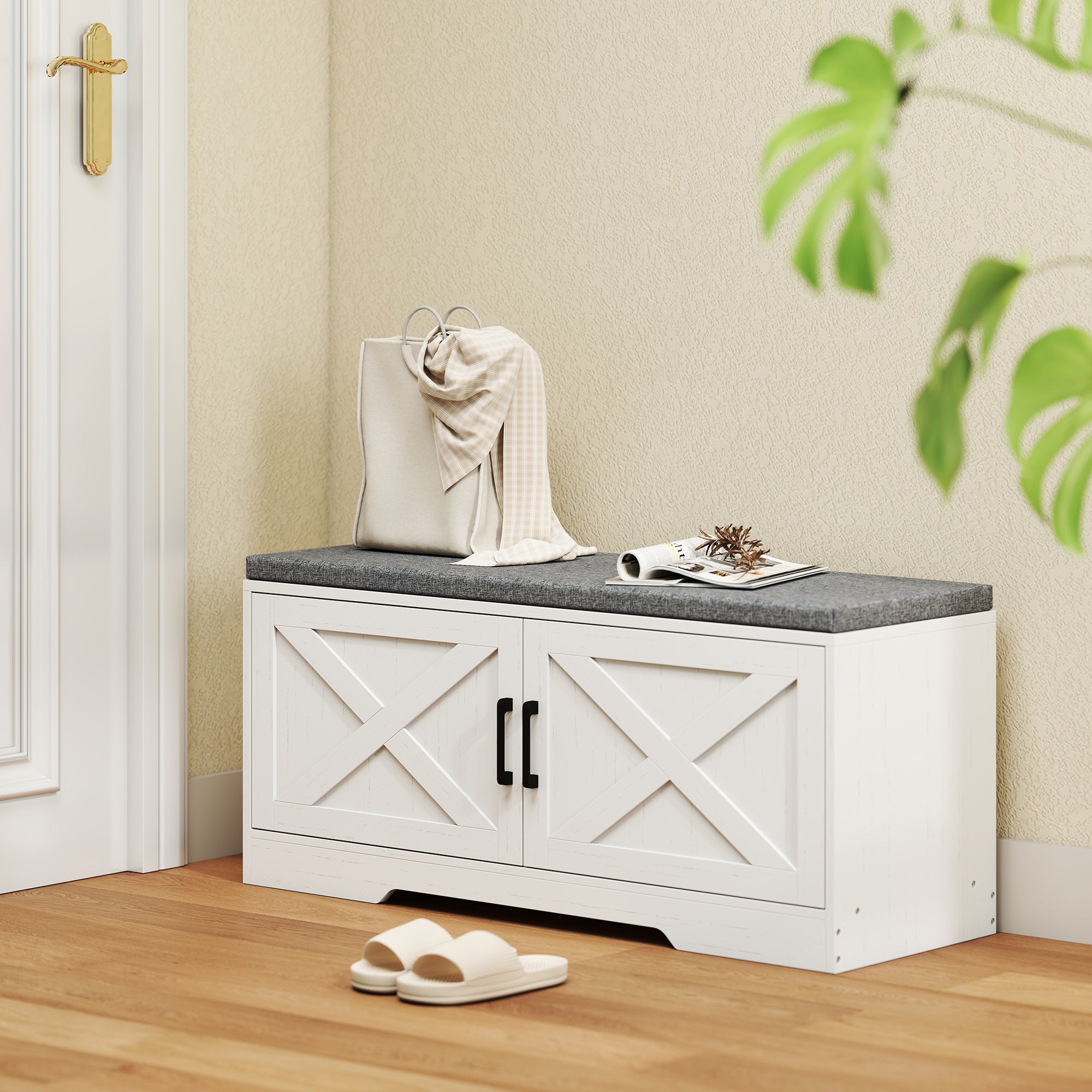 Shoe Bench with Cushion Shoe Storage Bench with Doors Adjustable Shelves for Entryway, White-Home Furnishings > Storage & Organization > Shoe Storage Cabinets & Racks-DECOROLALA