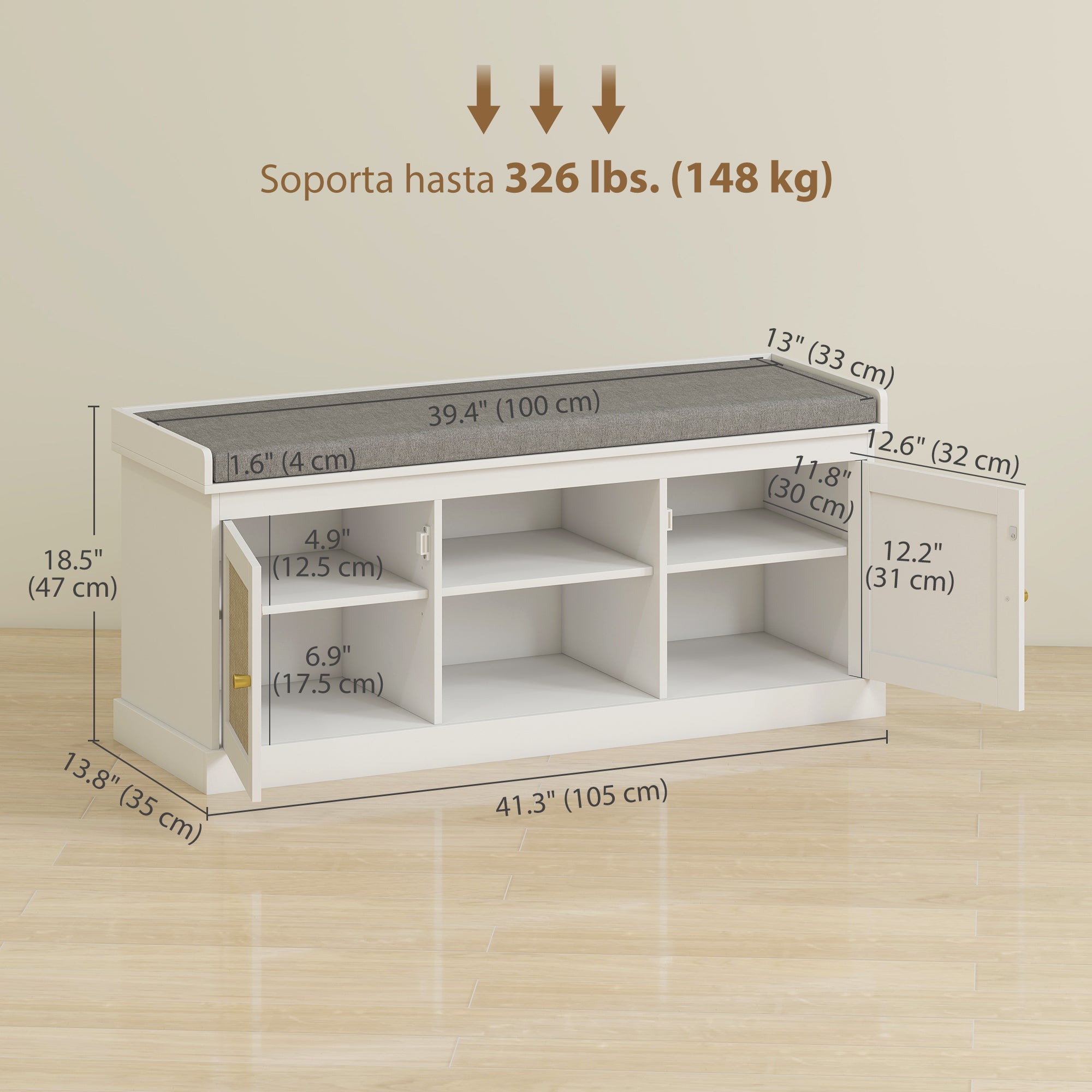 Shoe Bench with Padded Cushion, Boho Entryway Bench with Rattan Doors and Adjustable Shelves, Holds 9 Pairs, White-Home Furnishings > Storage & Organization > Shoe Storage Cabinets & Racks-DECOROLALA