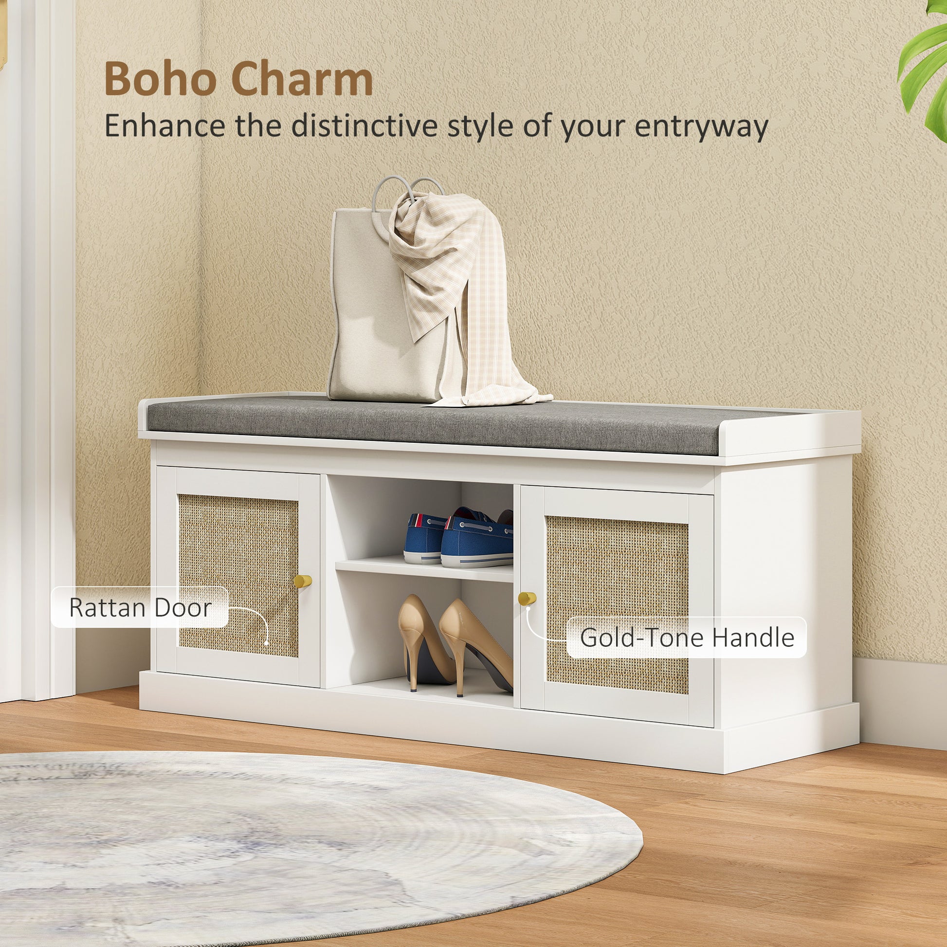 Shoe Bench with Padded Cushion, Boho Entryway Bench with Rattan Doors and Adjustable Shelves, Holds 9 Pairs, White-Home Furnishings > Storage & Organization > Shoe Storage Cabinets & Racks-DECOROLALA