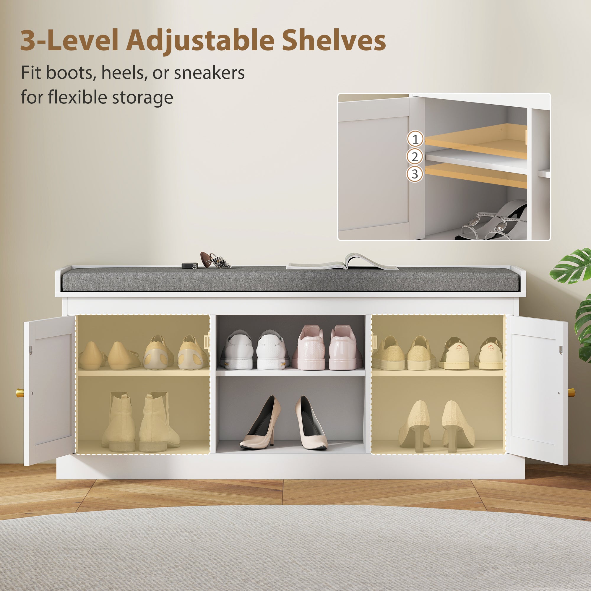 Shoe Bench with Padded Cushion, Boho Entryway Bench with Rattan Doors and Adjustable Shelves, Holds 9 Pairs, White-Home Furnishings > Storage & Organization > Shoe Storage Cabinets & Racks-DECOROLALA