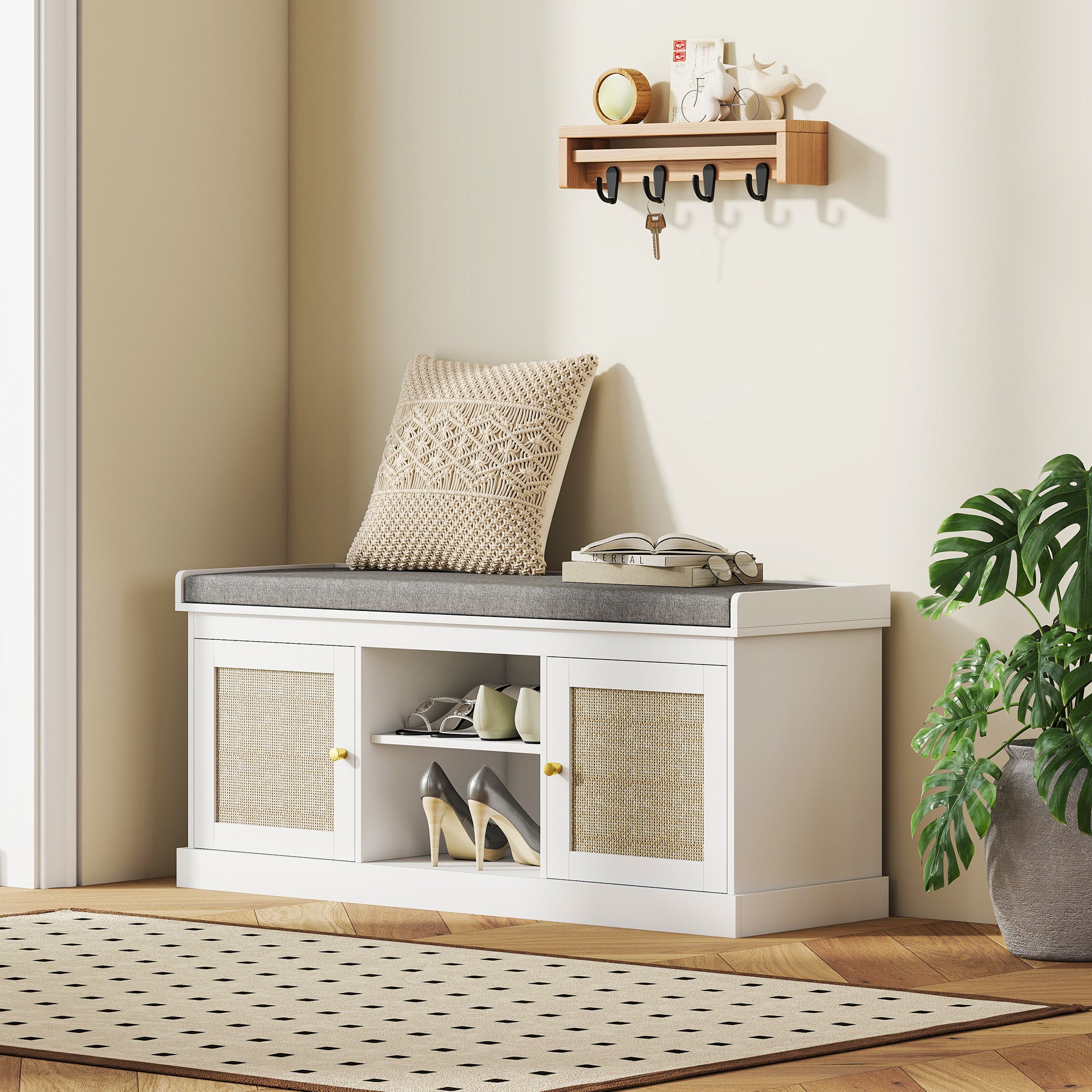 Shoe Bench with Padded Cushion, Boho Entryway Bench with Rattan Doors and Adjustable Shelves, Holds 9 Pairs, White-Home Furnishings > Storage & Organization > Shoe Storage Cabinets & Racks-DECOROLALA