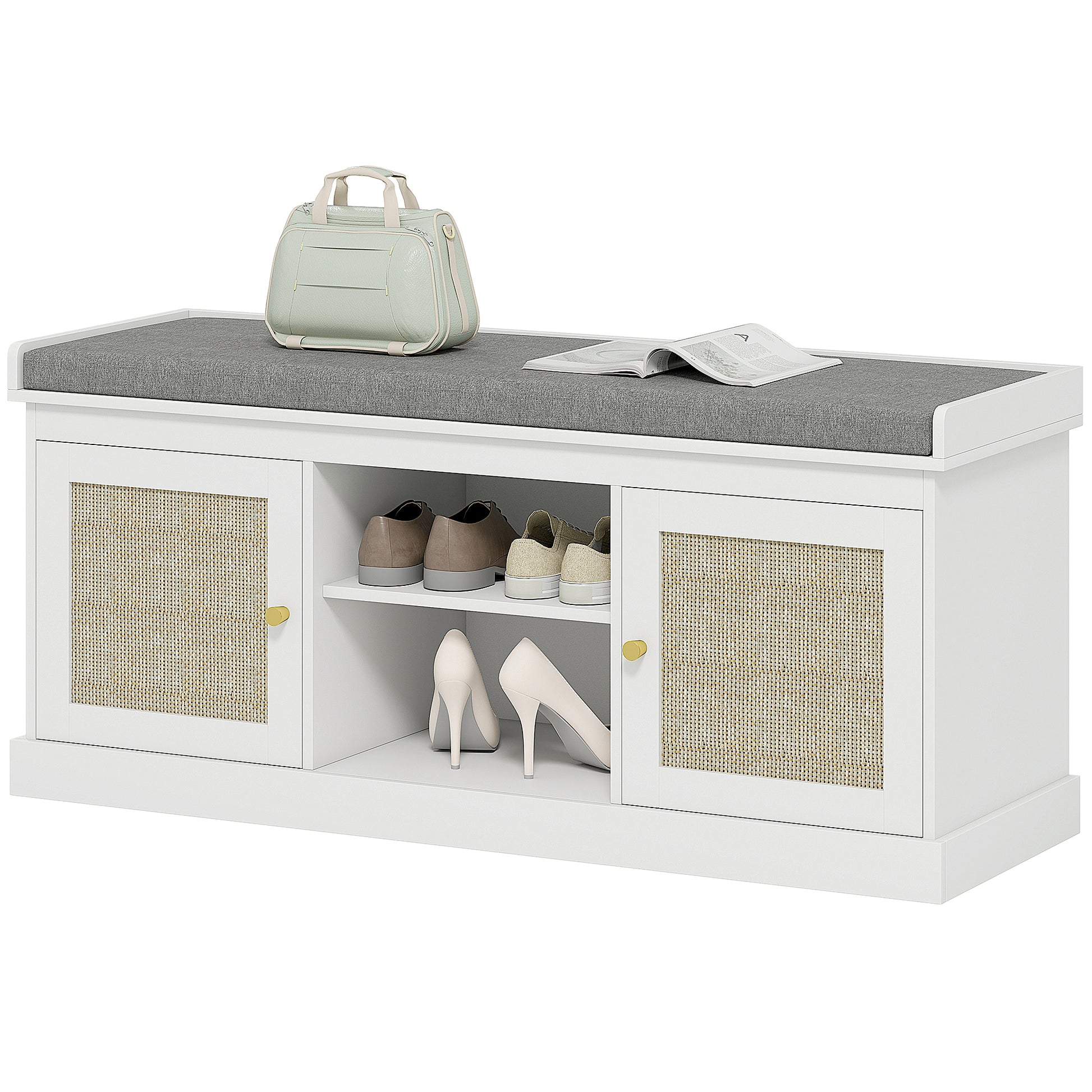 Shoe Bench with Padded Cushion, Boho Entryway Bench with Rattan Doors and Adjustable Shelves, Holds 9 Pairs, White-Home Furnishings > Storage & Organization > Shoe Storage Cabinets & Racks-DECOROLALA