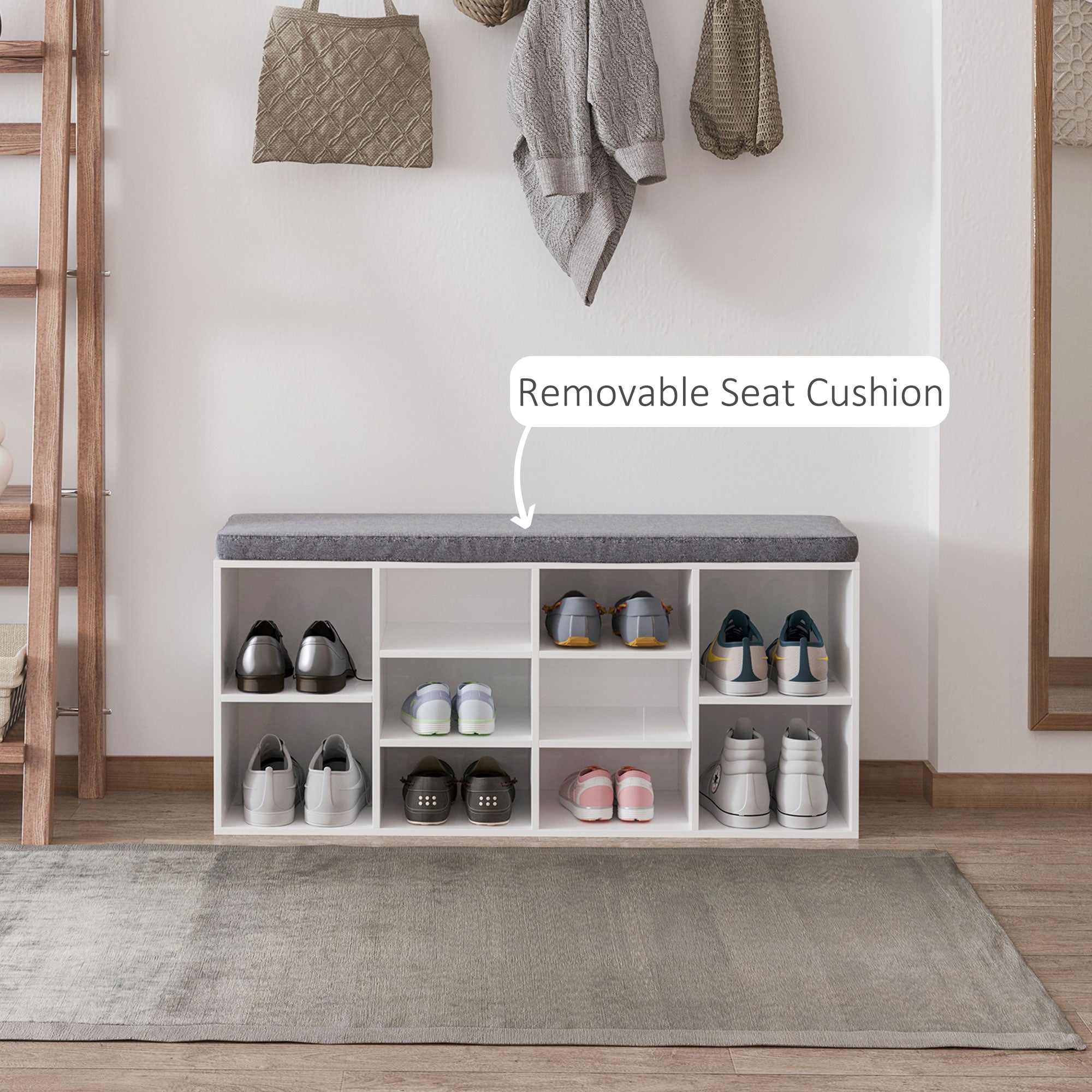 Shoe Bench with Storage - White Upholstered Entryway Bench-Home Furnishings > Storage & Organization > Shoe Storage Cabinets & Racks-DECOROLALA