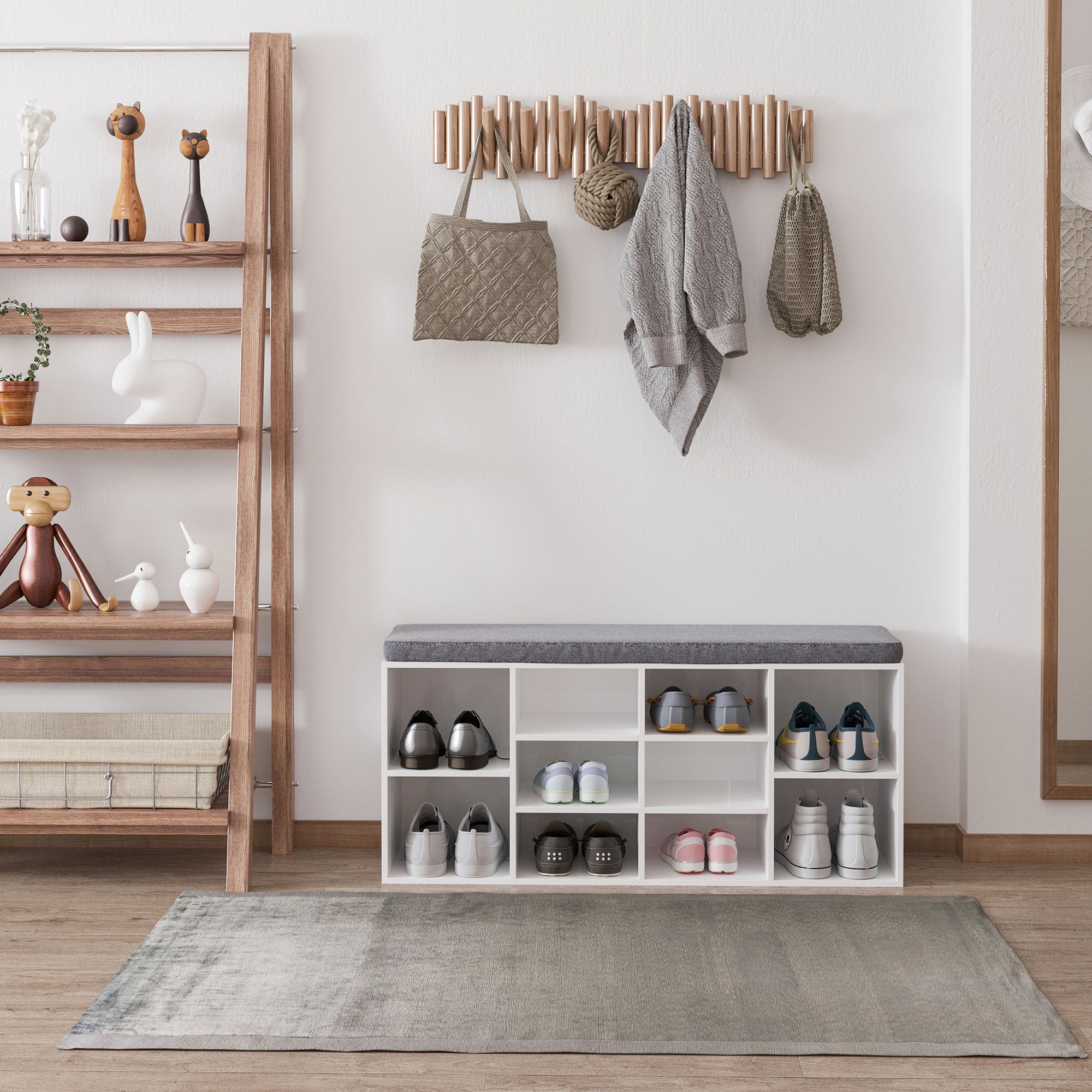 Shoe Bench with Storage - White Upholstered Entryway Bench-Home Furnishings > Storage & Organization > Shoe Storage Cabinets & Racks-DECOROLALA