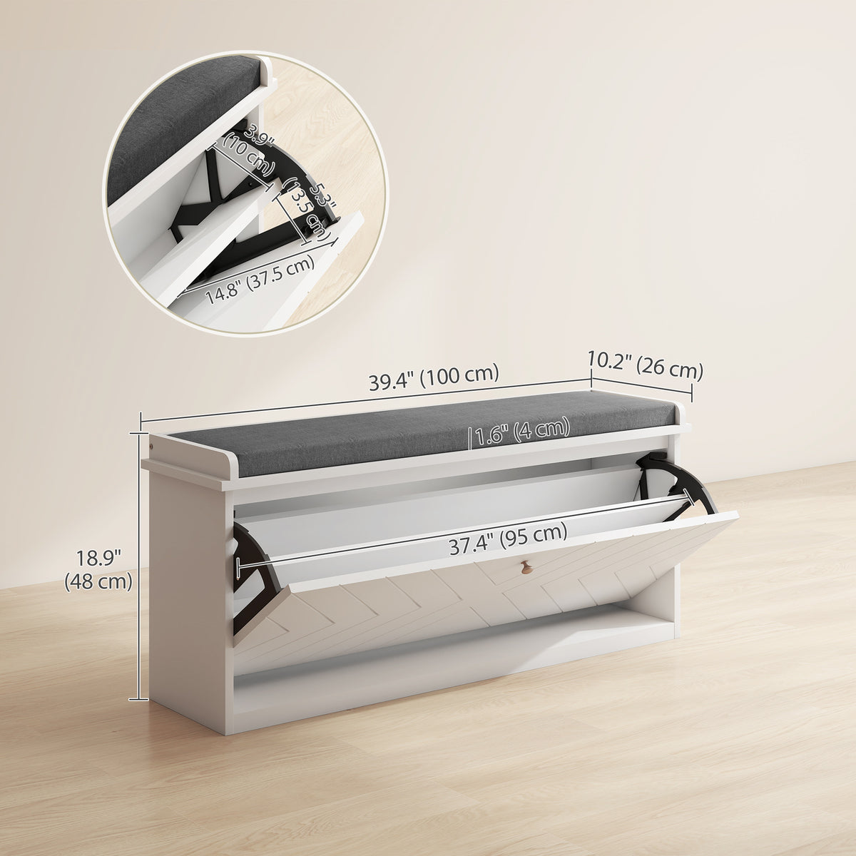 Shoe Bench with Upholstered Seat - White 39" Storage Bench-Home Furnishings > Storage & Organization > Shoe Storage Cabinets & Racks-DECOROLALA