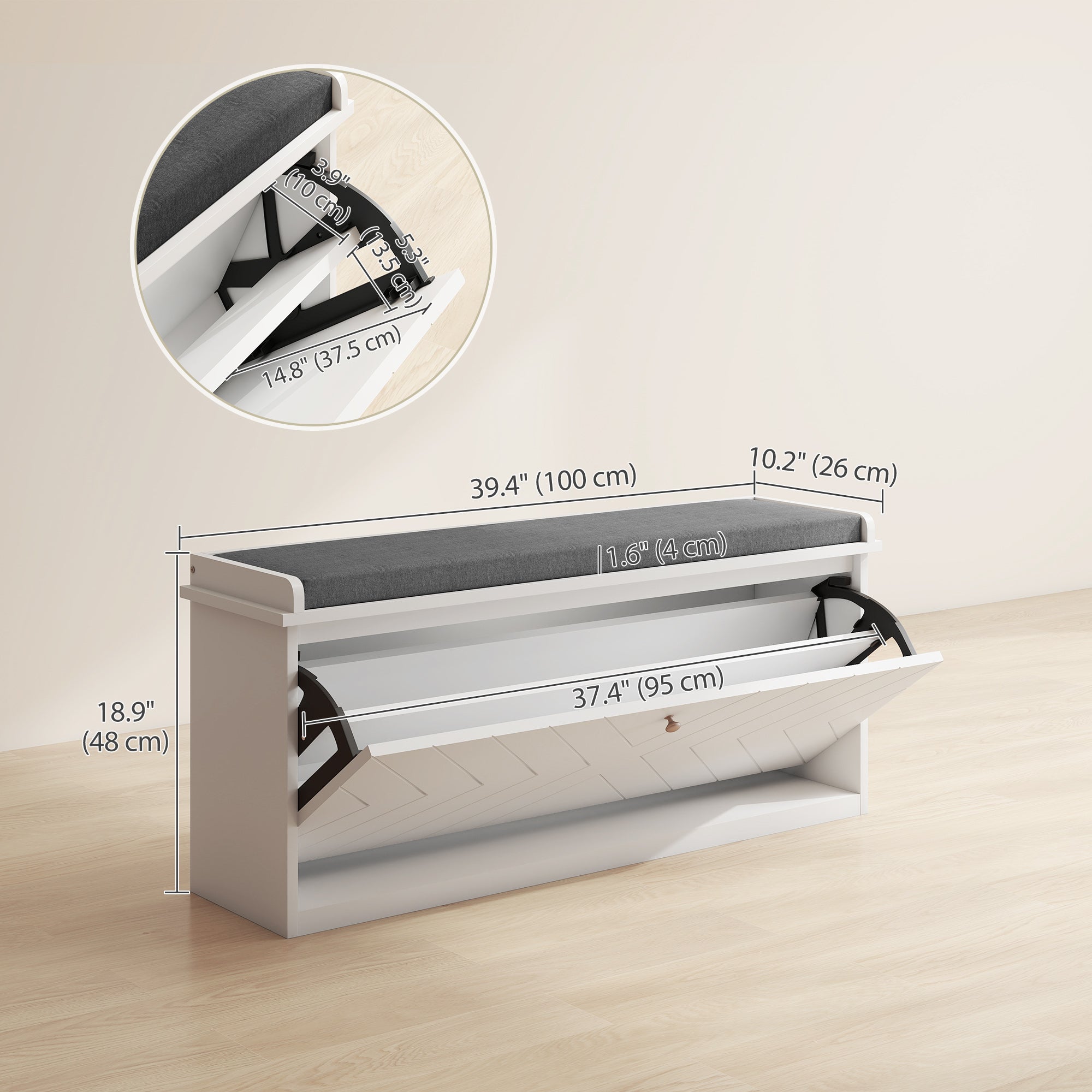 Shoe Bench with Upholstered Seat - White 39" Storage Bench-Home Furnishings > Storage & Organization > Shoe Storage Cabinets & Racks-DECOROLALA