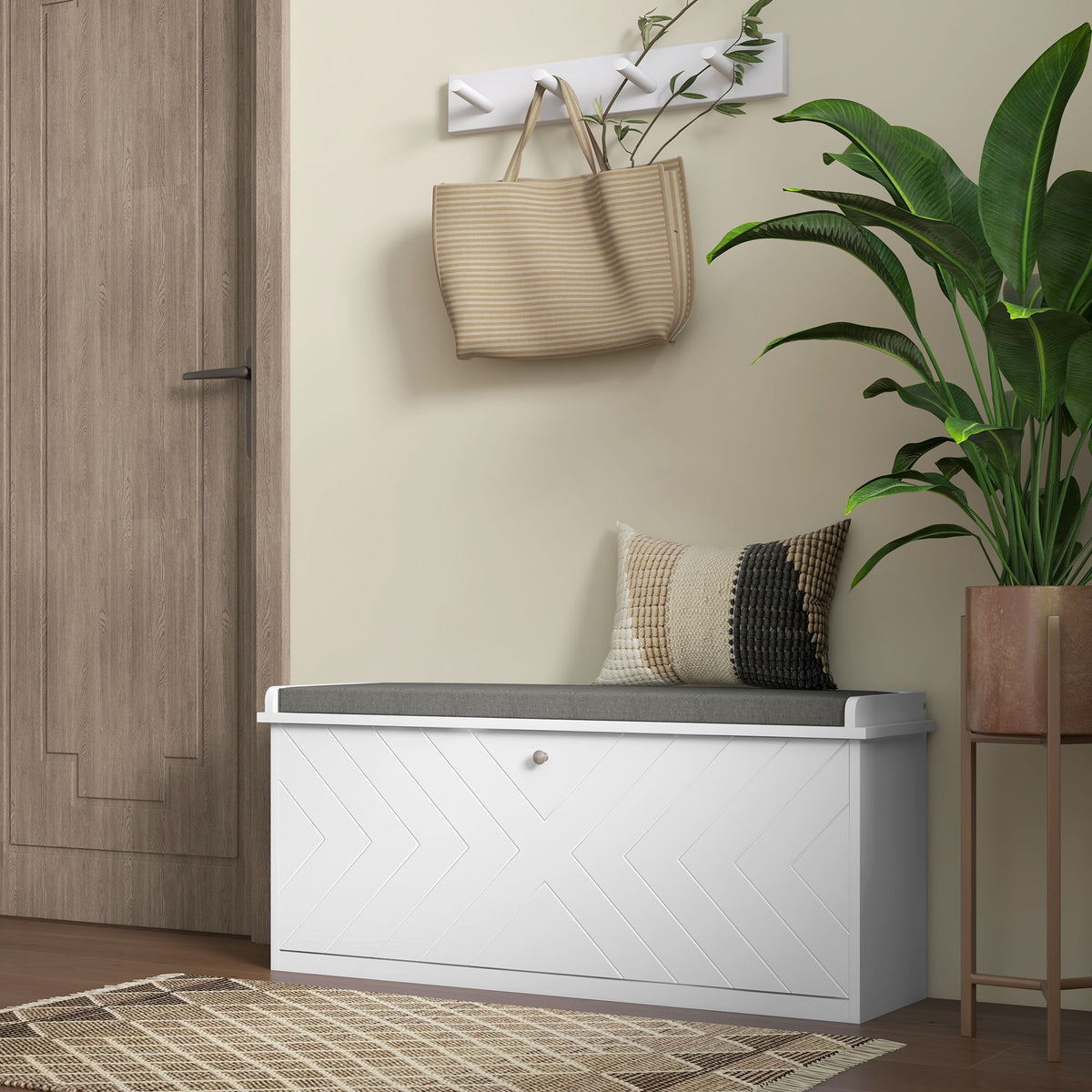Shoe Bench with Upholstered Seat - White 39" Storage Bench-Home Furnishings > Storage & Organization > Shoe Storage Cabinets & Racks-DECOROLALA