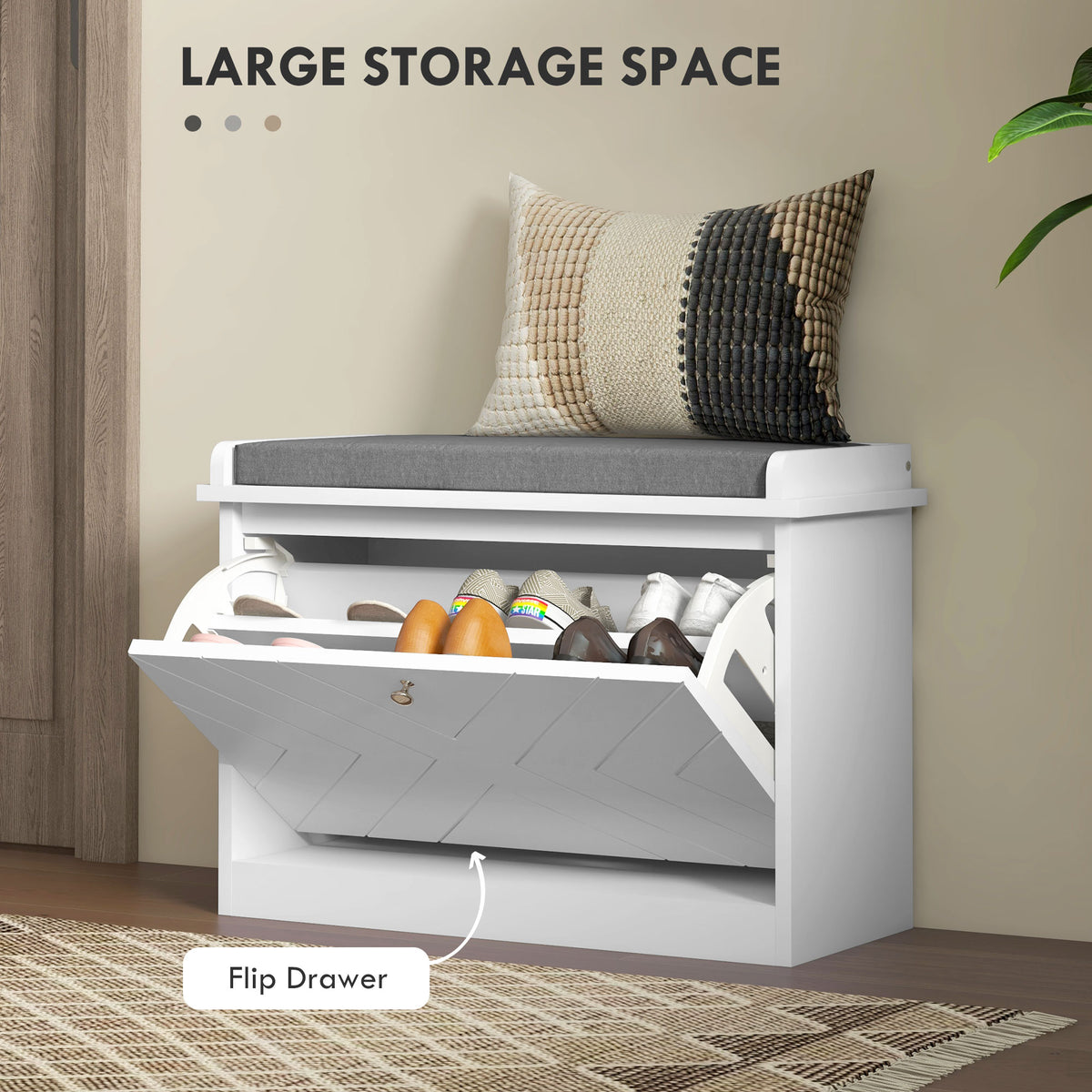 Shoe Bench with Upholstered Seat - White Storage Ottoman-Home Furnishings > Storage & Organization > Shoe Storage Cabinets & Racks-DECOROLALA