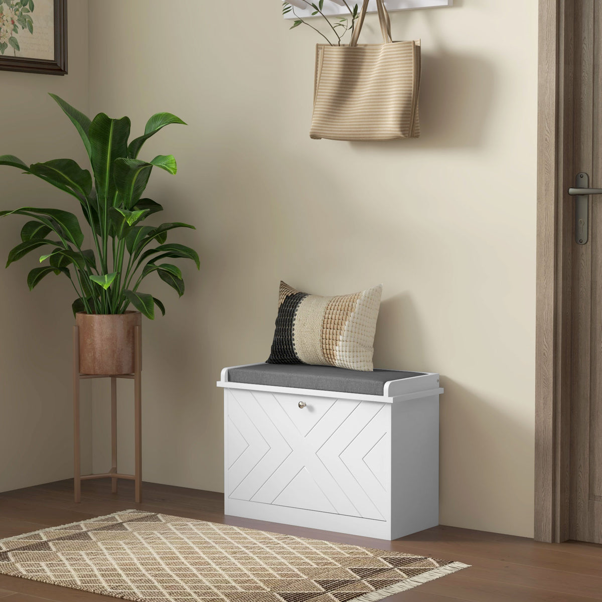 Shoe Bench with Upholstered Seat - White Storage Ottoman-Home Furnishings > Storage & Organization > Shoe Storage Cabinets & Racks-DECOROLALA