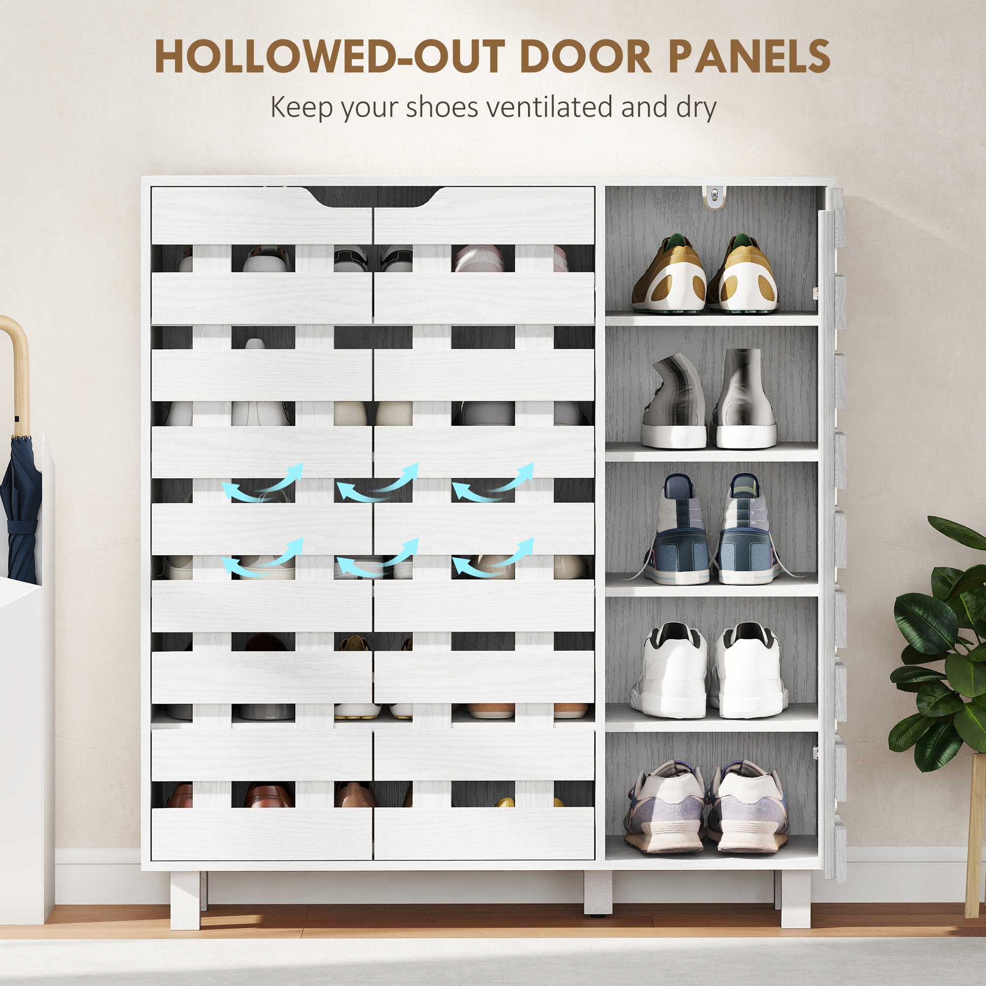 Shoe Cabinet, 17-20 Pairs Shoe Storage Cabinet with Hollowed-Out Doors, White-Home Furnishings > Storage & Organization > Shoe Storage Cabinets & Racks-DECOROLALA