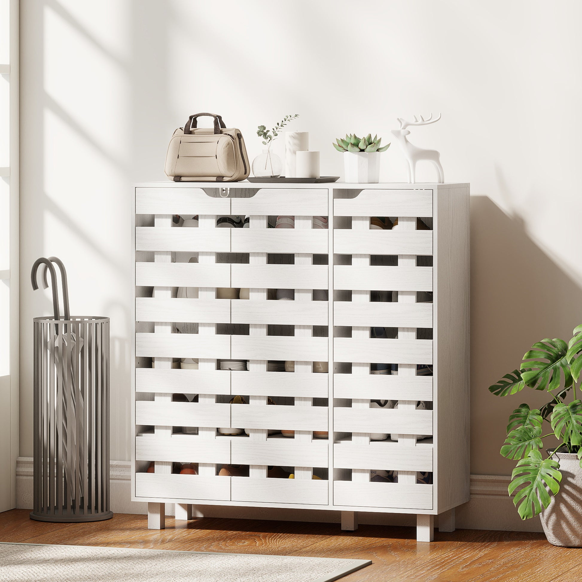 Shoe Cabinet, 17-20 Pairs Shoe Storage Cabinet with Hollowed-Out Doors, White-Home Furnishings > Storage & Organization > Shoe Storage Cabinets & Racks-DECOROLALA