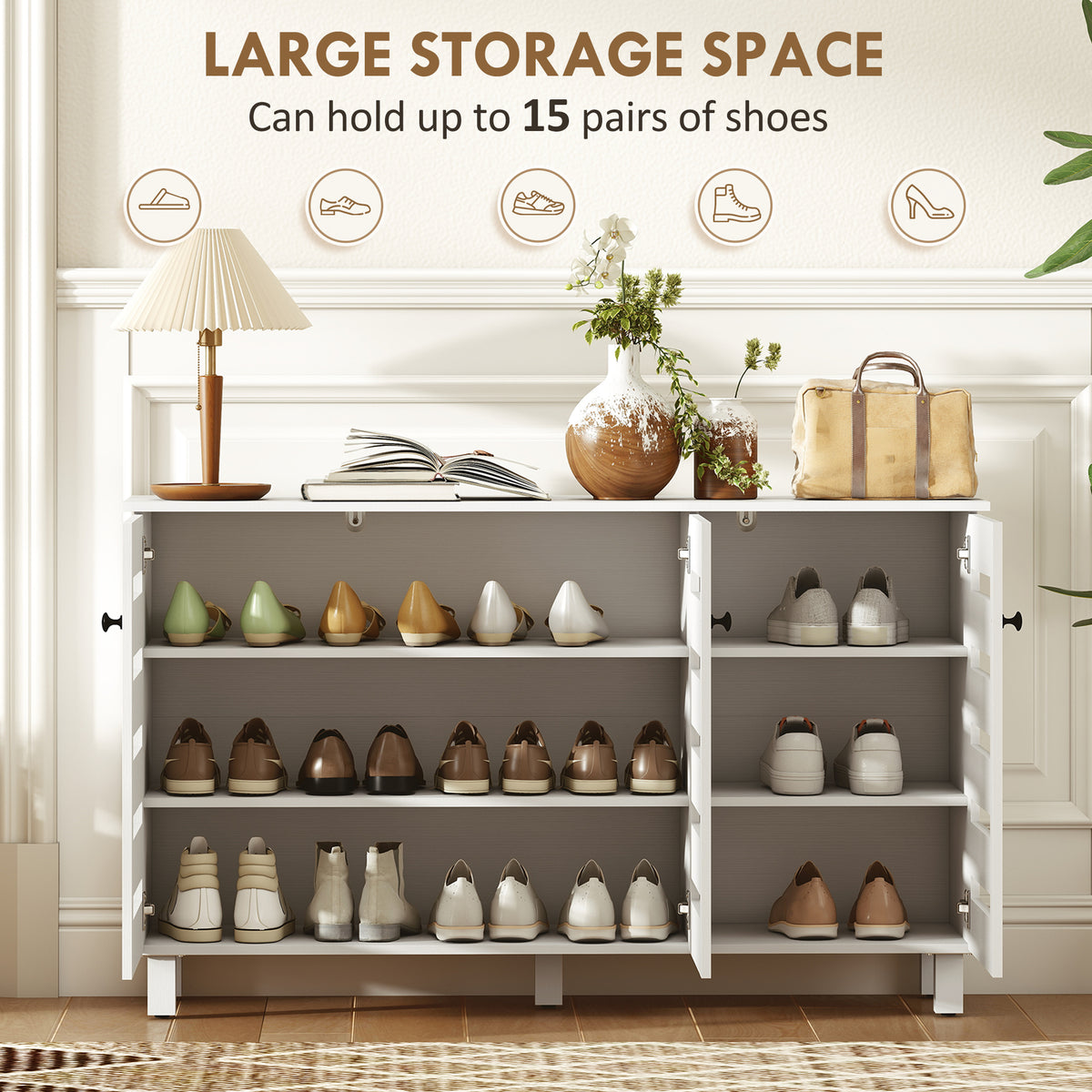Shoe Cabinet - 3 Slatted Doors 15-Pair Storage White-Home Furnishings > Storage & Organization > Shoe Storage Cabinets & Racks-DECOROLALA