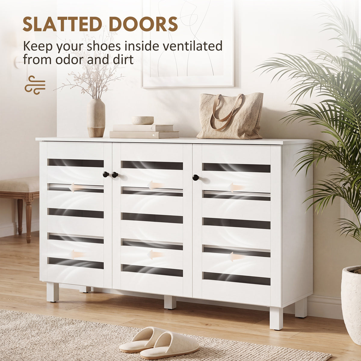 Shoe Cabinet - 3 Slatted Doors 15-Pair Storage White-Home Furnishings > Storage & Organization > Shoe Storage Cabinets & Racks-DECOROLALA