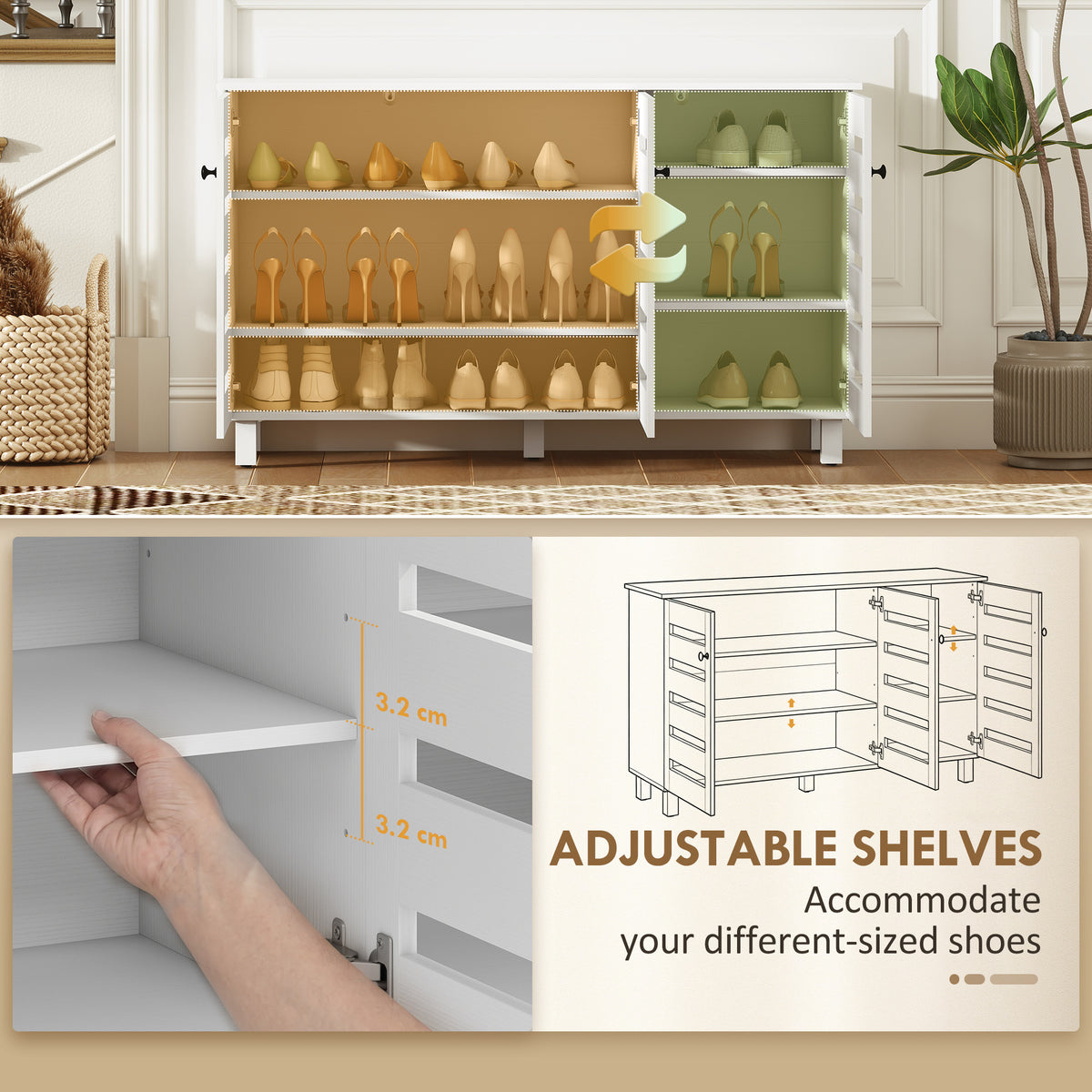 Shoe Cabinet - 3 Slatted Doors 15-Pair Storage White-Home Furnishings > Storage & Organization > Shoe Storage Cabinets & Racks-DECOROLALA