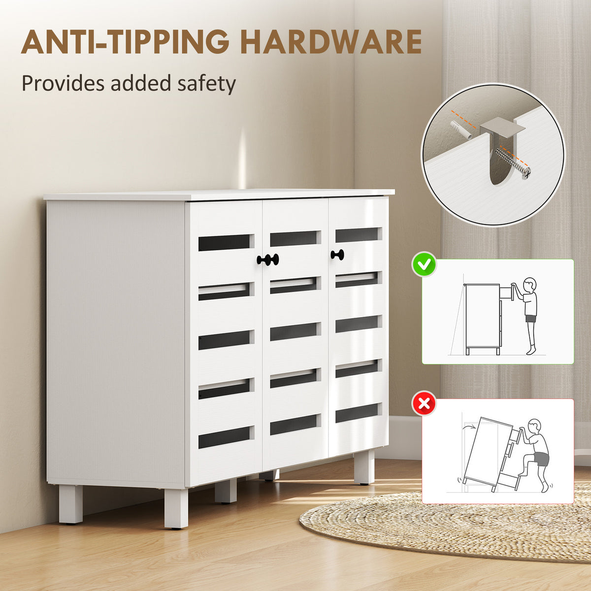 Shoe Cabinet - 3 Slatted Doors 15-Pair Storage White-Home Furnishings > Storage & Organization > Shoe Storage Cabinets & Racks-DECOROLALA