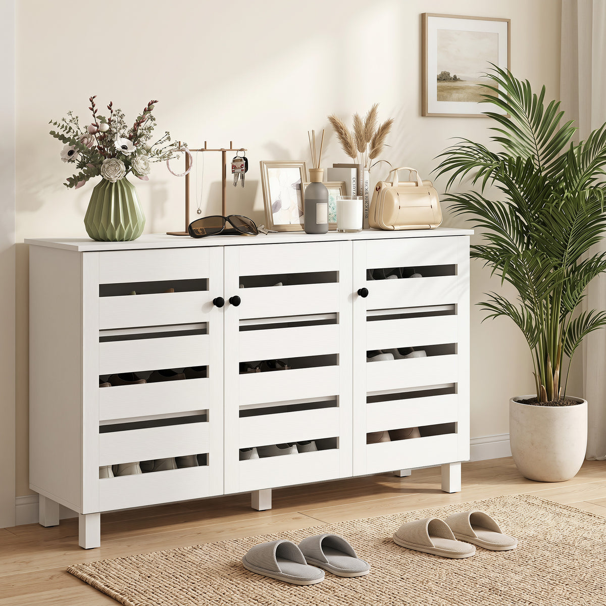 Shoe Cabinet - 3 Slatted Doors 15-Pair Storage White-Home Furnishings > Storage & Organization > Shoe Storage Cabinets & Racks-DECOROLALA