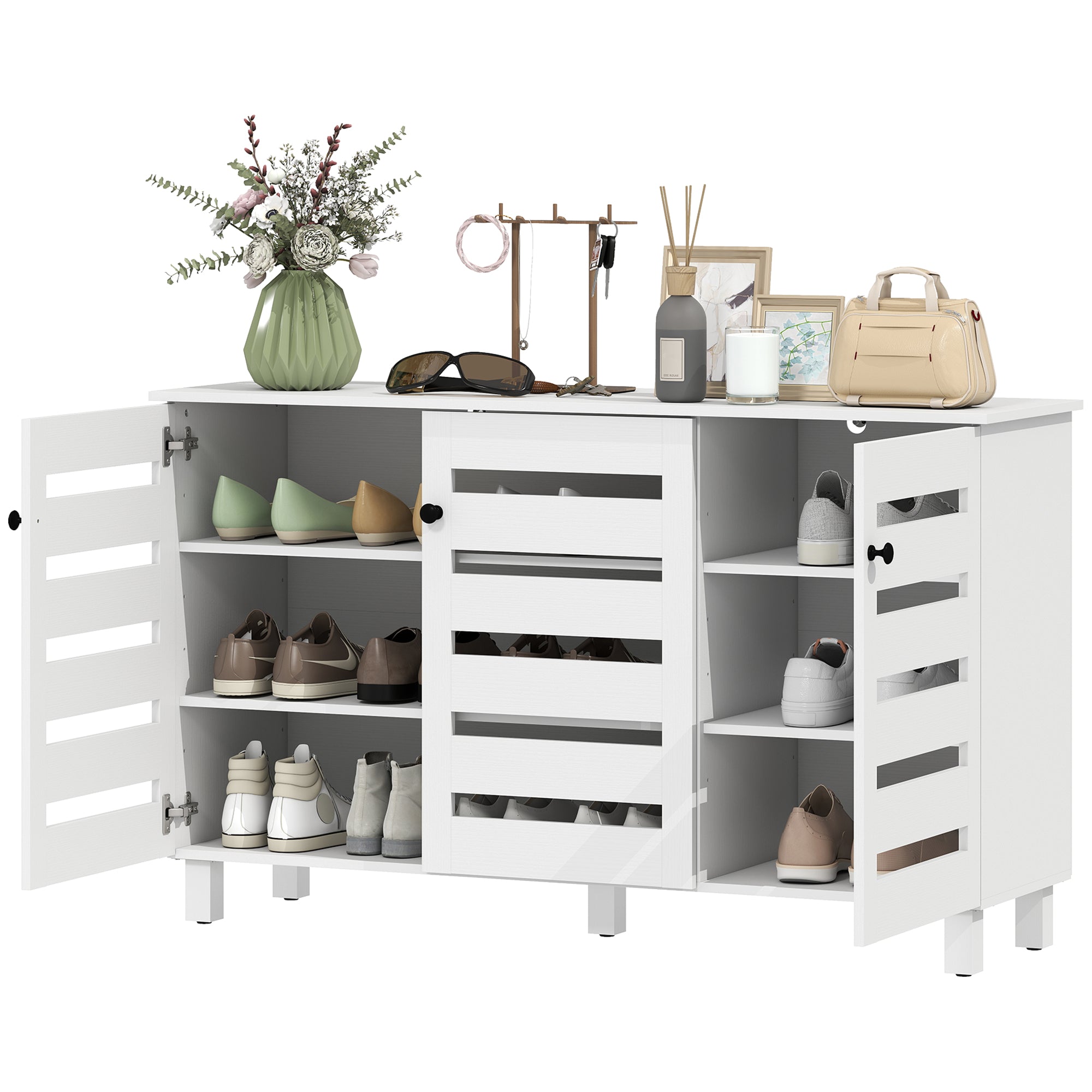 Shoe Cabinet - 3 Slatted Doors 15-Pair Storage White-Home Furnishings > Storage & Organization > Shoe Storage Cabinets & Racks-DECOROLALA