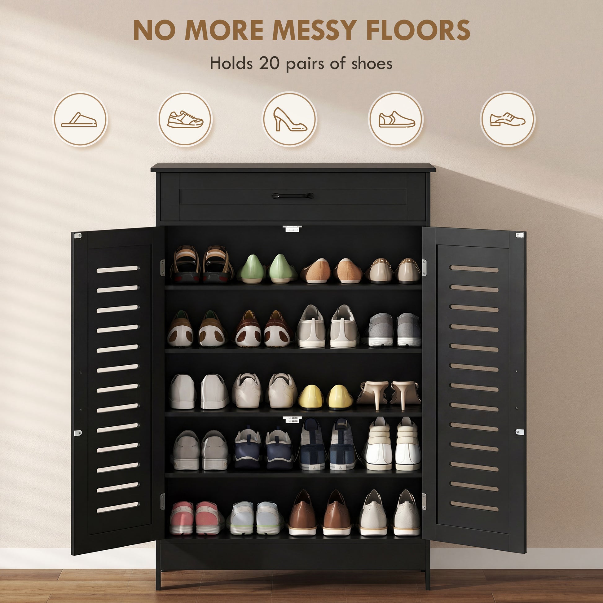 Shoe Cabinet - Black 20-Pair Storage with Louvered Doors-DECOROLALA
