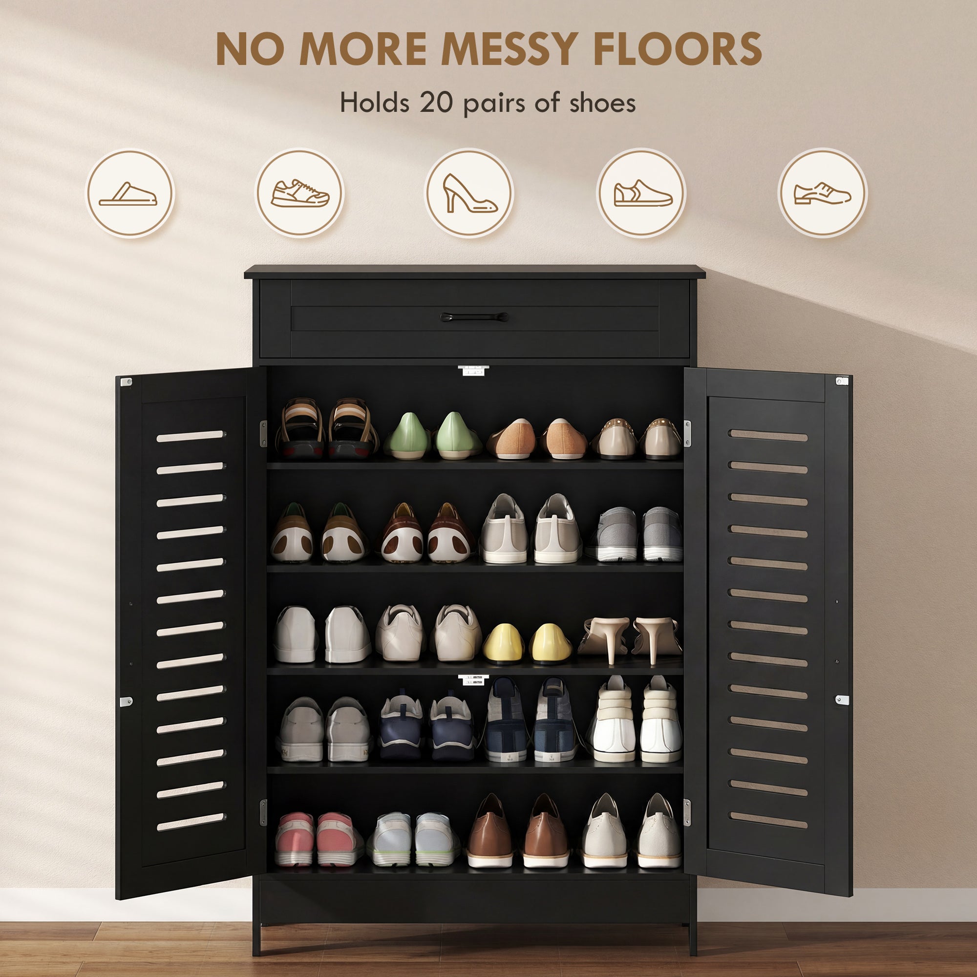 Shoe Cabinet - Black 20-Pair Storage with Louvered Doors-DECOROLALA