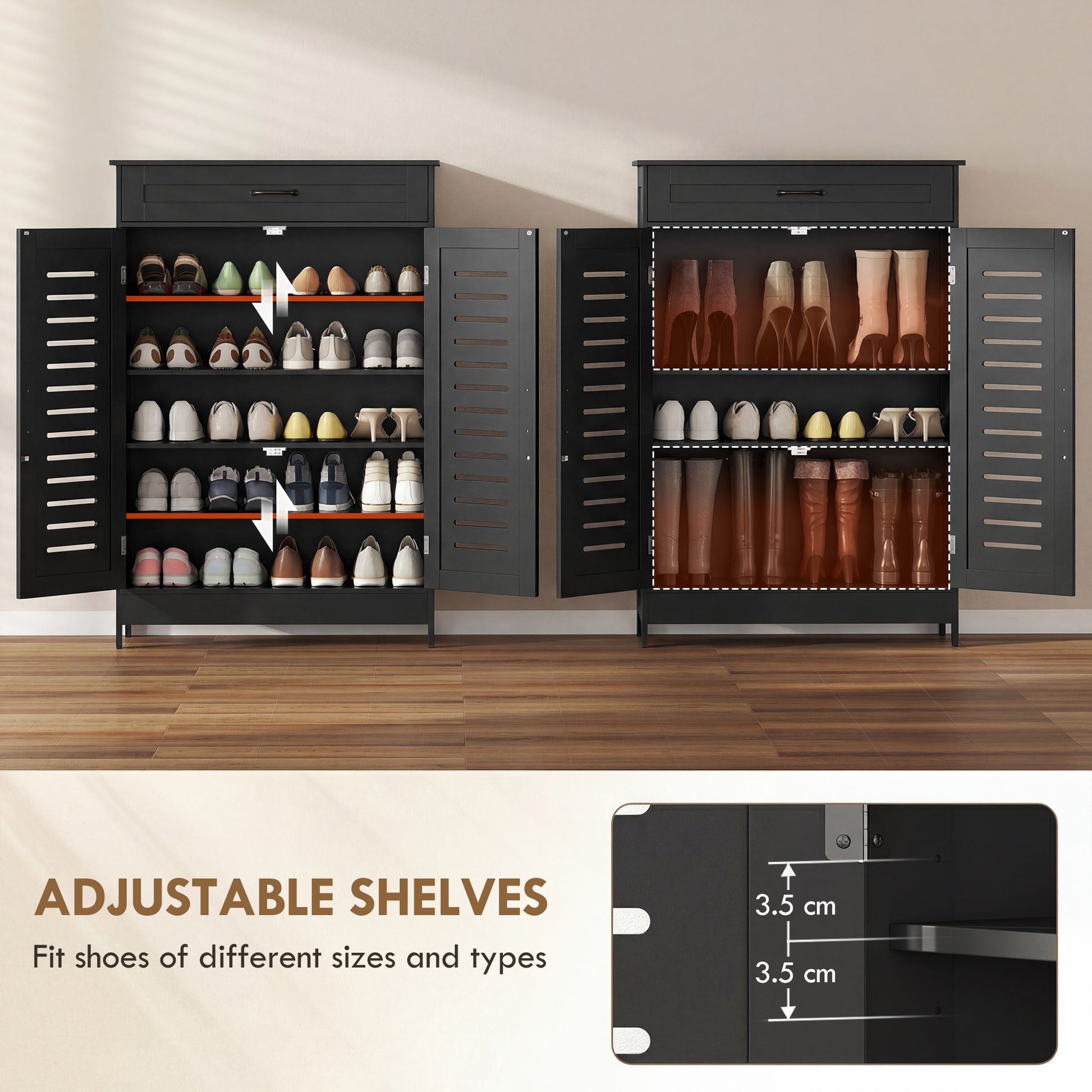 Shoe Cabinet - Black 20-Pair Storage with Louvered Doors-DECOROLALA