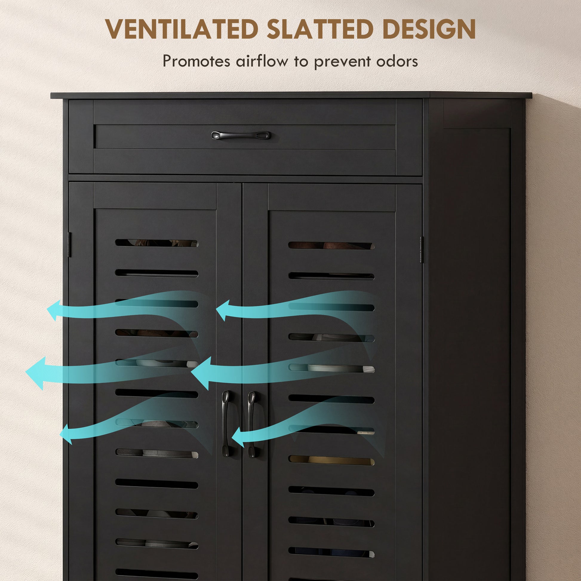 Shoe Cabinet - Black 20-Pair Storage with Louvered Doors-DECOROLALA