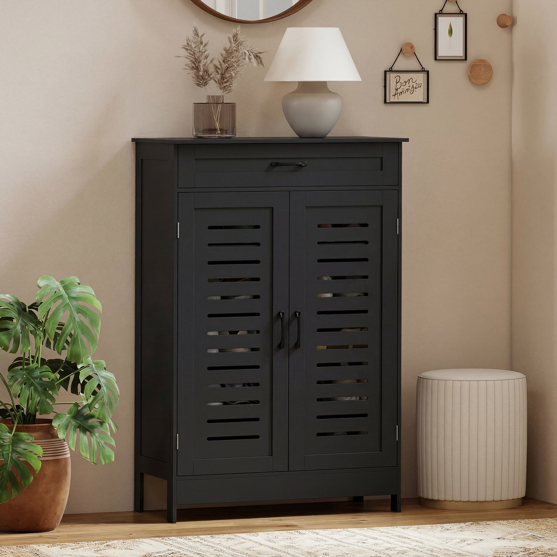 Shoe Cabinet - Black 20-Pair Storage with Louvered Doors-DECOROLALA