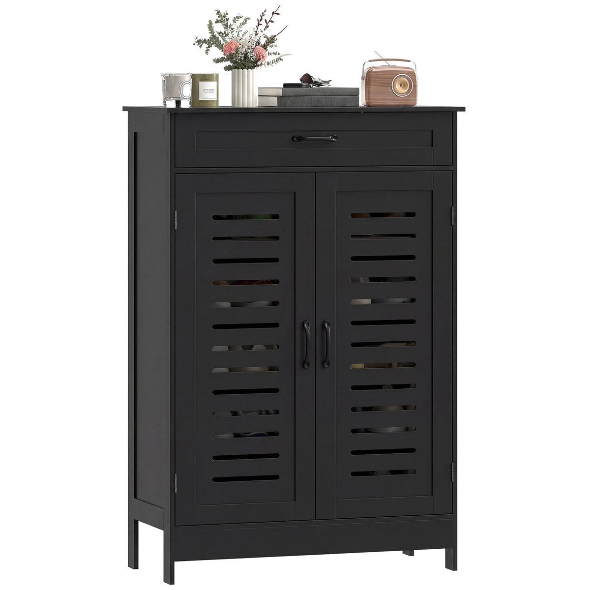 Shoe Cabinet - Black 20-Pair Storage with Louvered Doors-Shoe Storage Cabinets-DECOROLALA