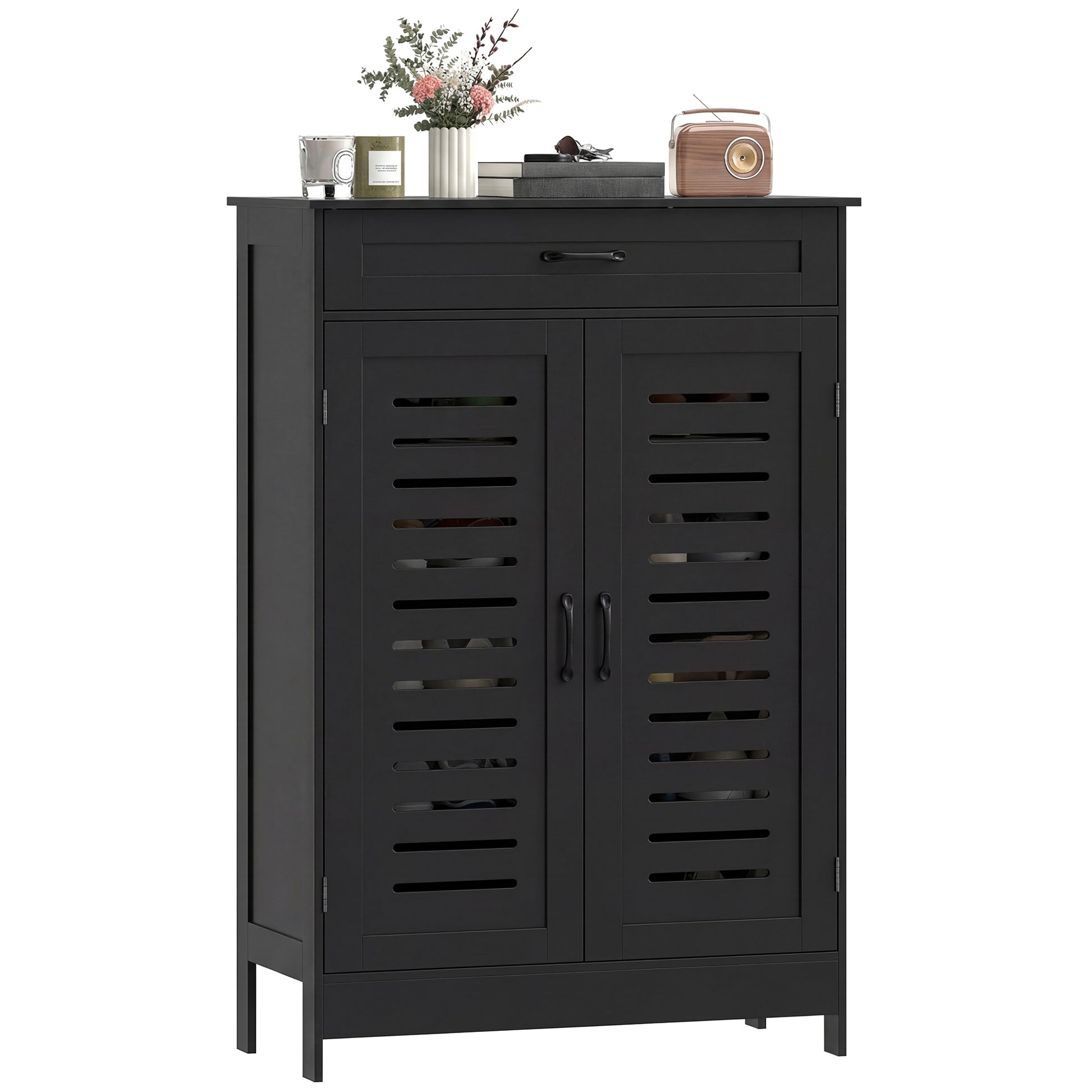 Shoe Cabinet - Black 20-Pair Storage with Louvered Doors-DECOROLALA