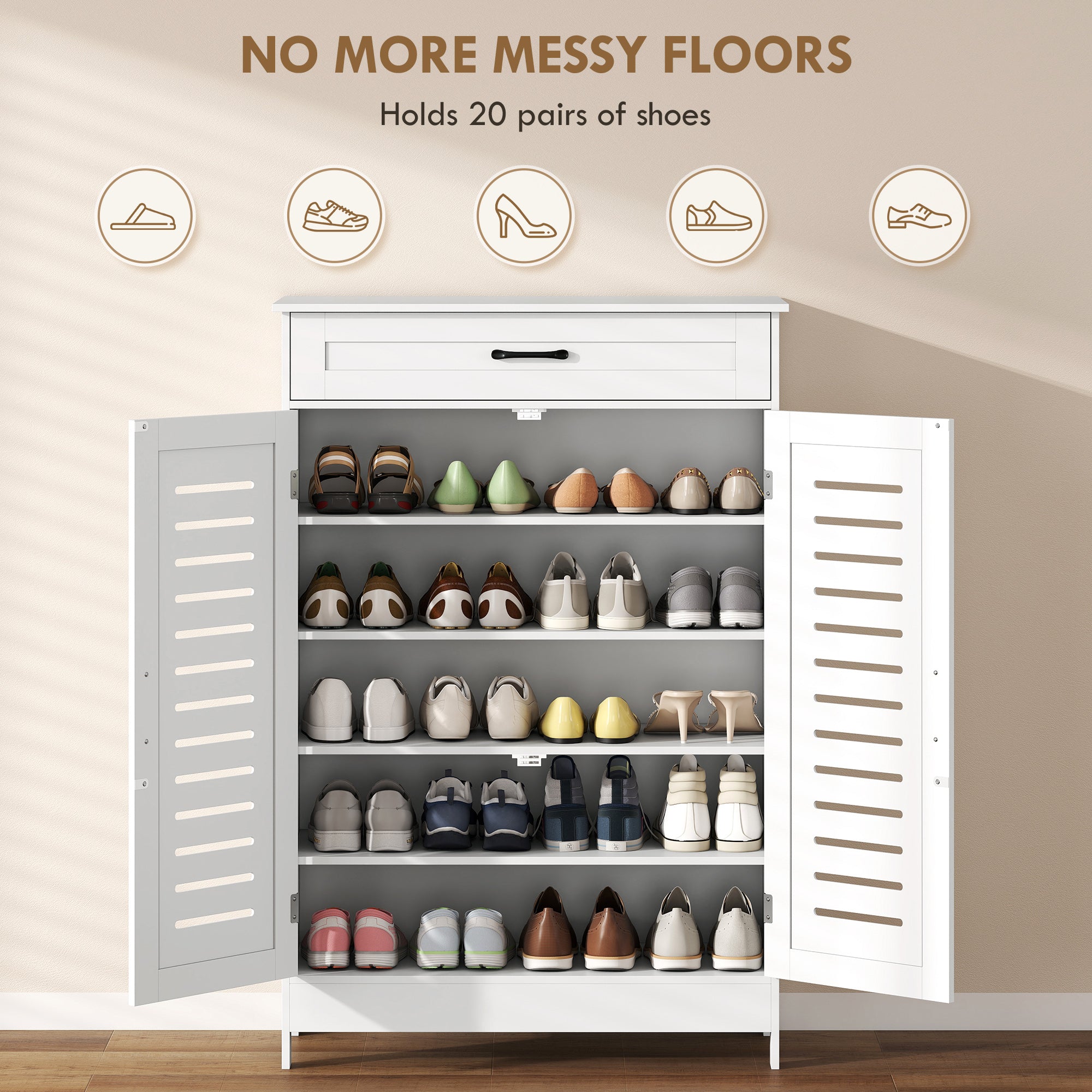 Shoe Cabinet - White 20-Pair Modern Storage with Drawer-DECOROLALA
