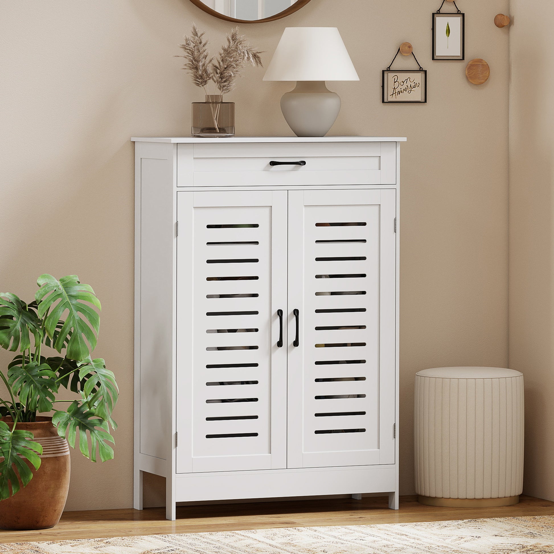 Shoe Cabinet - White 20-Pair Modern Storage with Drawer-DECOROLALA