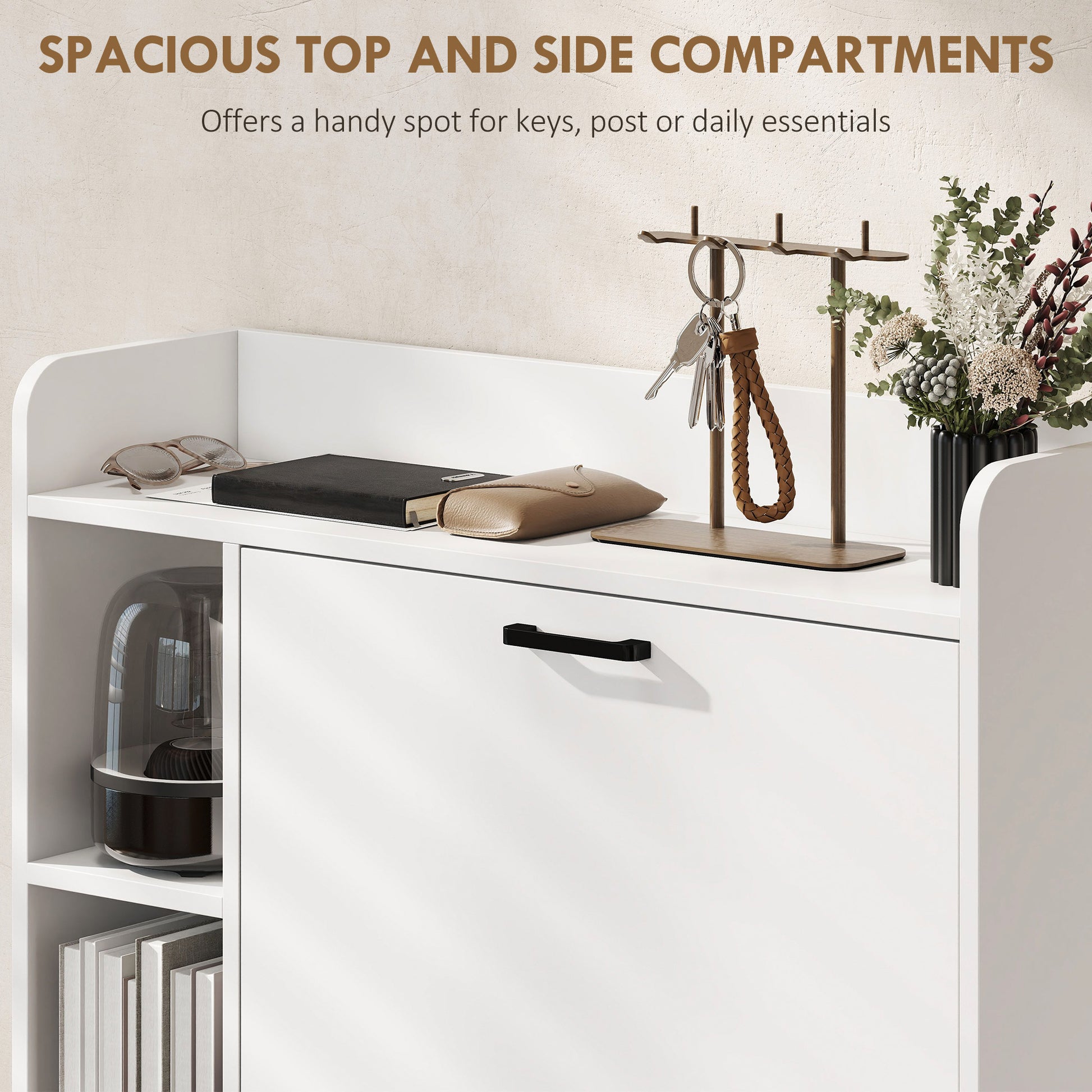 Shoe Cabinet with 2 Flip Drawers, 3 Side Compartments, Adjustable Shelves, 8-12 Pairs for Entryway Hallway, White-Home Furnishings > Storage & Organization > Shoe Storage Cabinets & Racks-DECOROLALA