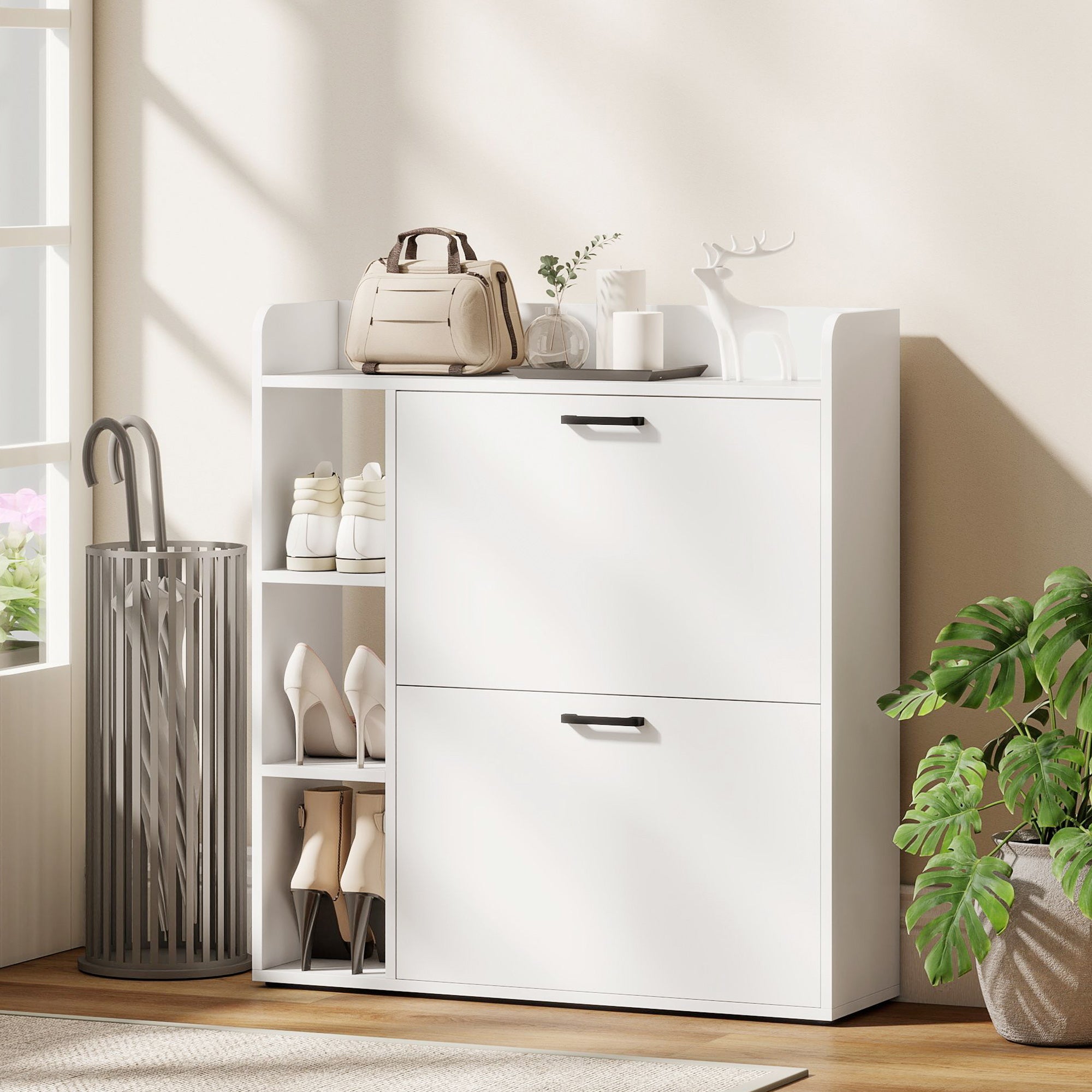 Shoe Cabinet with 2 Flip Drawers, 3 Side Compartments, Adjustable Shelves, 8-12 Pairs for Entryway Hallway, White-Home Furnishings > Storage & Organization > Shoe Storage Cabinets & Racks-DECOROLALA
