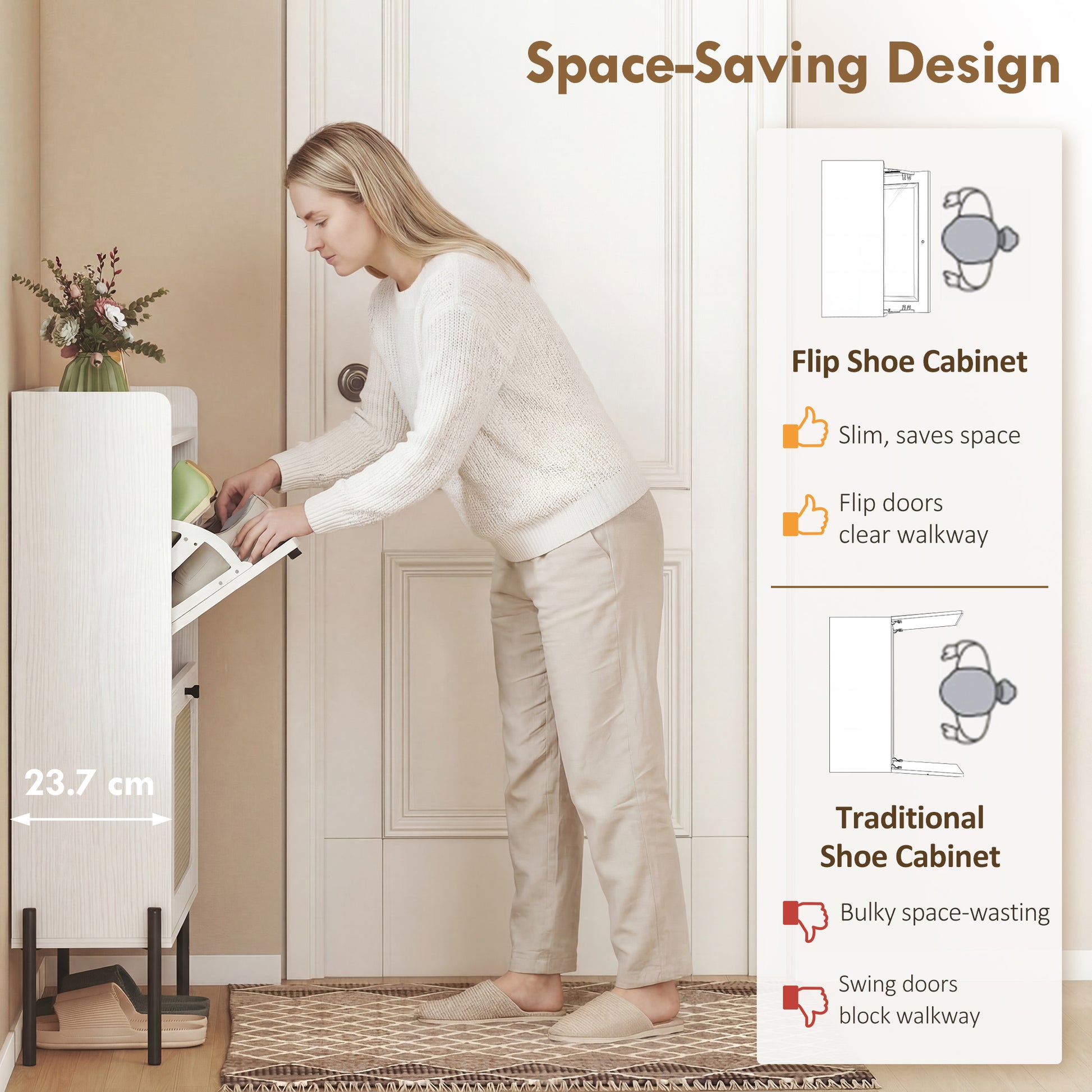 Shoe Cabinet with 2 Flip Drawers, Boho Narrow Shoe Storage Cabinet, White-Home Furnishings > Storage & Organization > Shoe Storage Cabinets & Racks-DECOROLALA