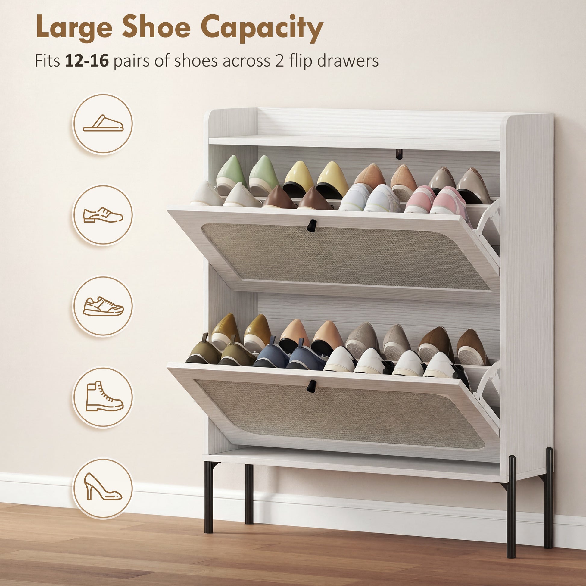 Shoe Cabinet with 2 Flip Drawers, Boho Narrow Shoe Storage Cabinet, White-Home Furnishings > Storage & Organization > Shoe Storage Cabinets & Racks-DECOROLALA