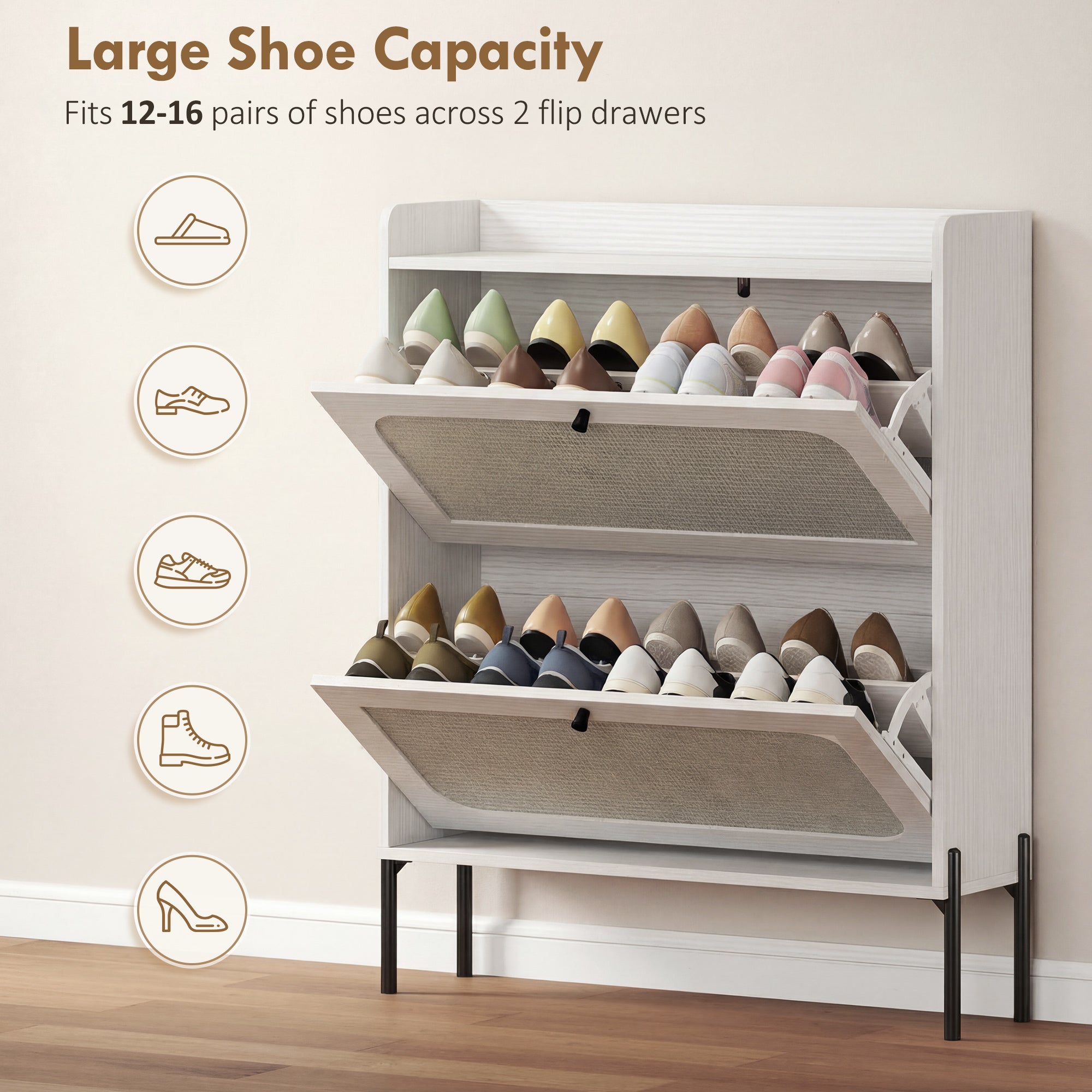 Shoe Cabinet with 2 Flip Drawers, Boho Narrow Shoe Storage Cabinet, White-Home Furnishings > Storage & Organization > Shoe Storage Cabinets & Racks-DECOROLALA