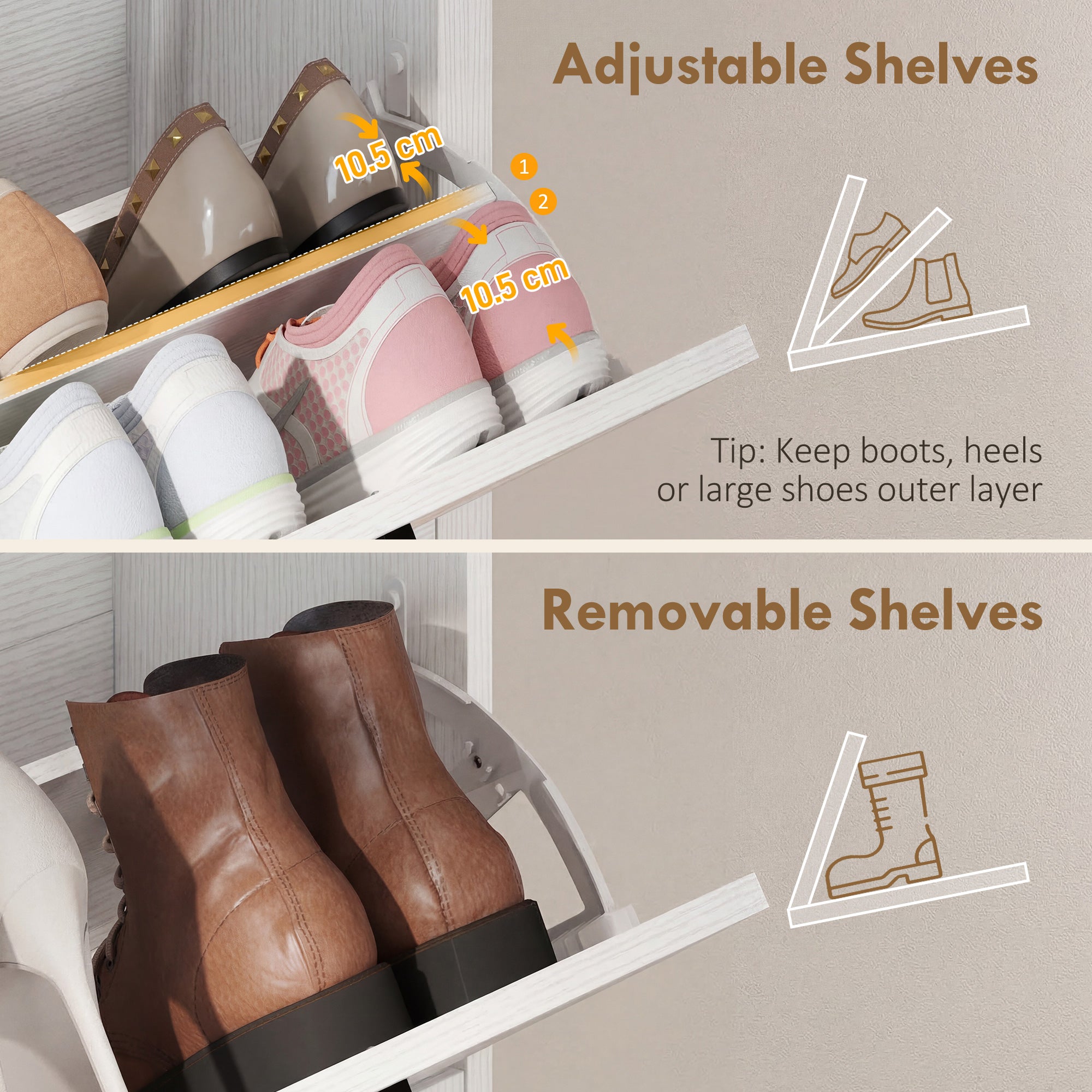Shoe Cabinet with 2 Flip Drawers, Boho Narrow Shoe Storage Cabinet, White-Home Furnishings > Storage & Organization > Shoe Storage Cabinets & Racks-DECOROLALA