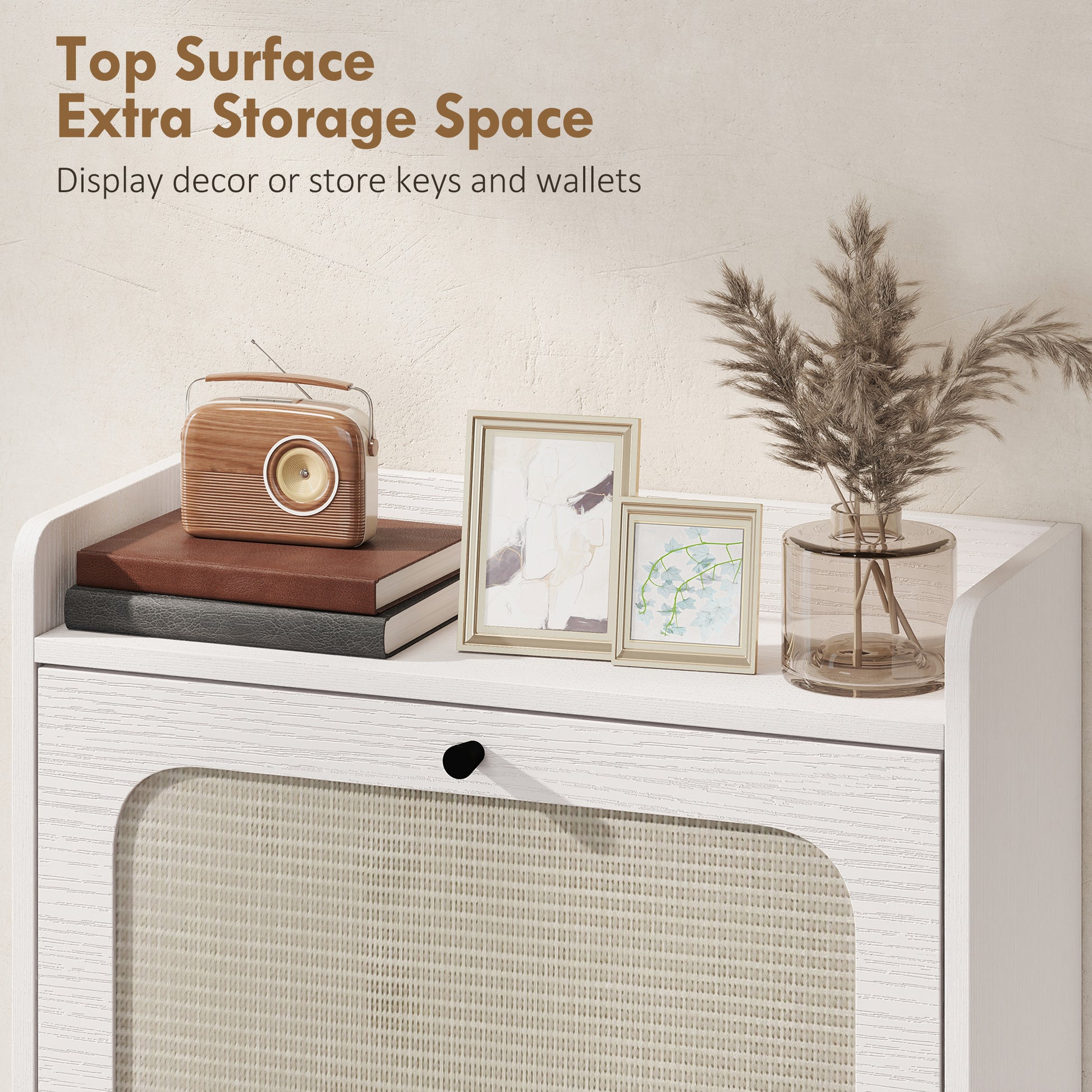 Shoe Cabinet with 2 Flip Drawers, Boho Narrow Shoe Storage Cabinet, White-Home Furnishings > Storage & Organization > Shoe Storage Cabinets & Racks-DECOROLALA