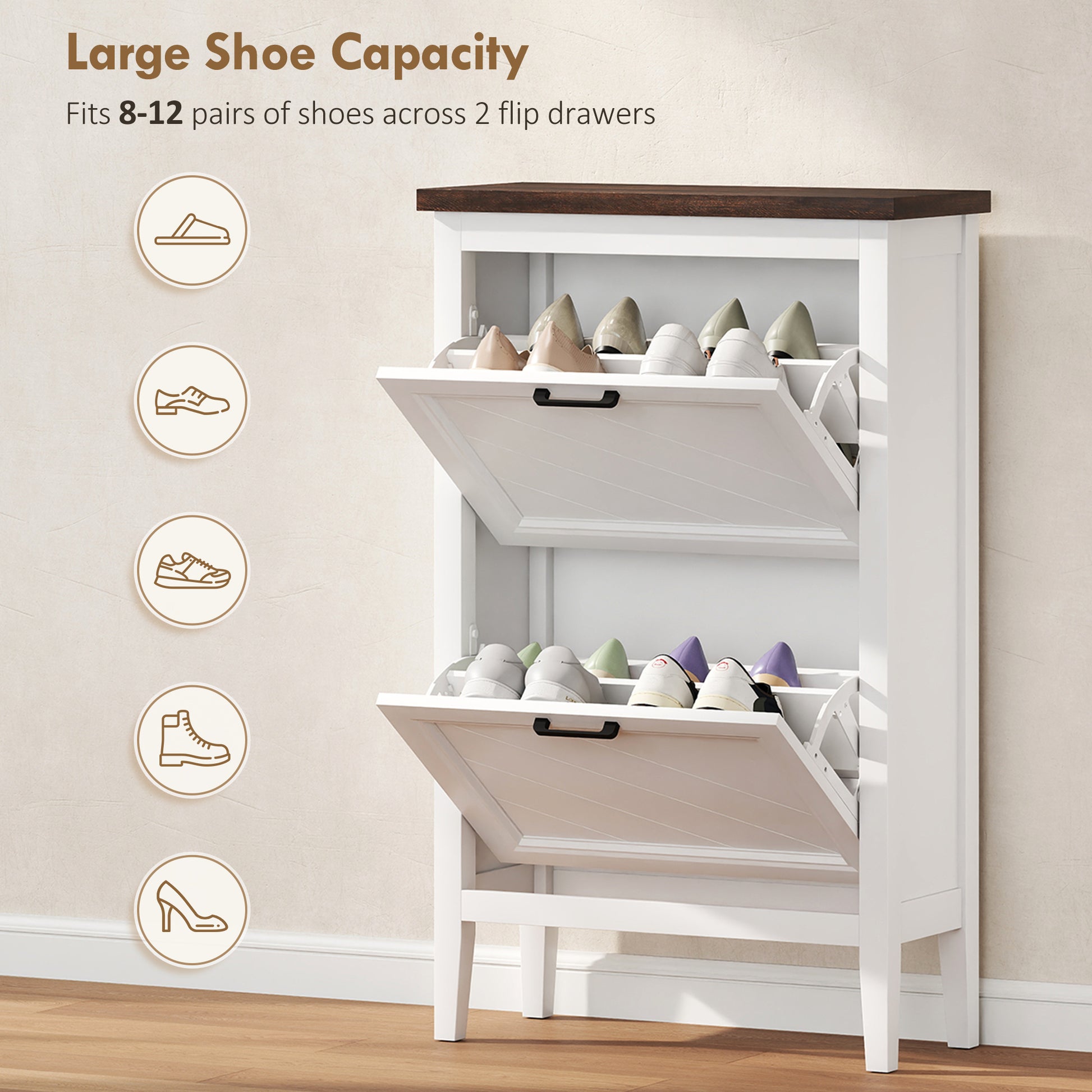 Shoe Cabinet with 2 Flip Drawers, Farmhouse Narrow Shoe Storage Cabinet with Adjustable Shelves, White-Home Furnishings > Storage & Organization > Shoe Storage Cabinets & Racks-DECOROLALA