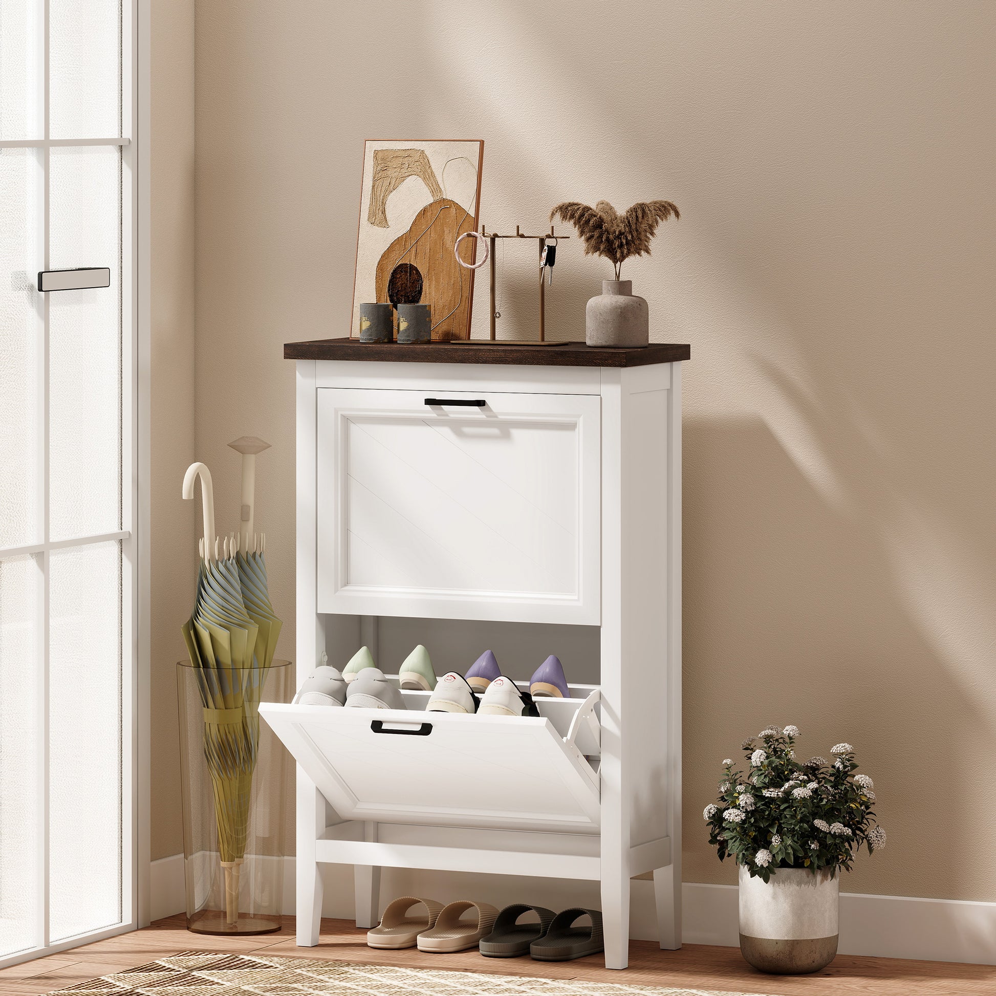 Shoe Cabinet with 2 Flip Drawers, Farmhouse Narrow Shoe Storage Cabinet with Adjustable Shelves, White-Home Furnishings > Storage & Organization > Shoe Storage Cabinets & Racks-DECOROLALA