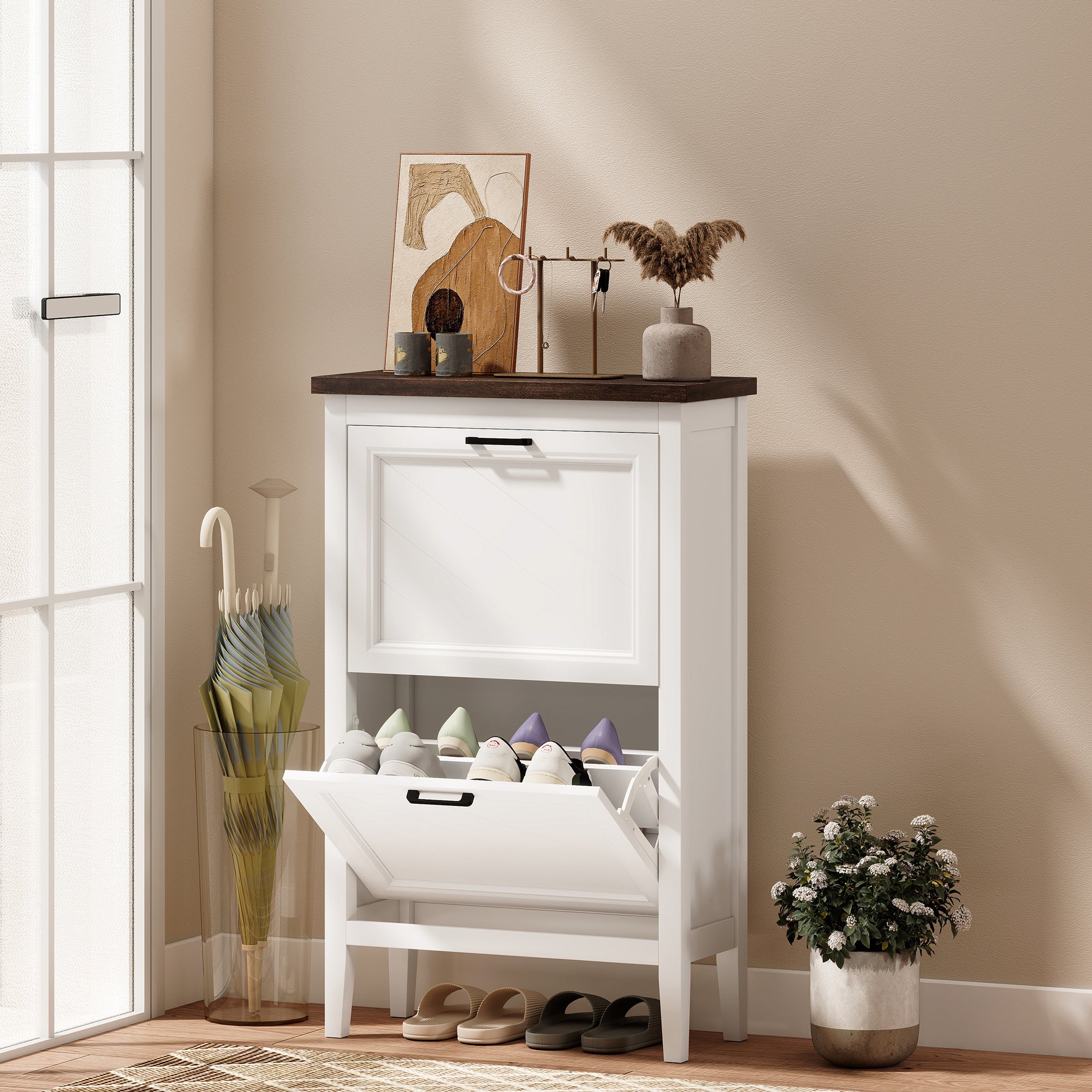 Shoe Cabinet with 2 Flip Drawers, Farmhouse Narrow Shoe Storage Cabinet with Adjustable Shelves, White-Home Furnishings > Storage & Organization > Shoe Storage Cabinets & Racks-DECOROLALA