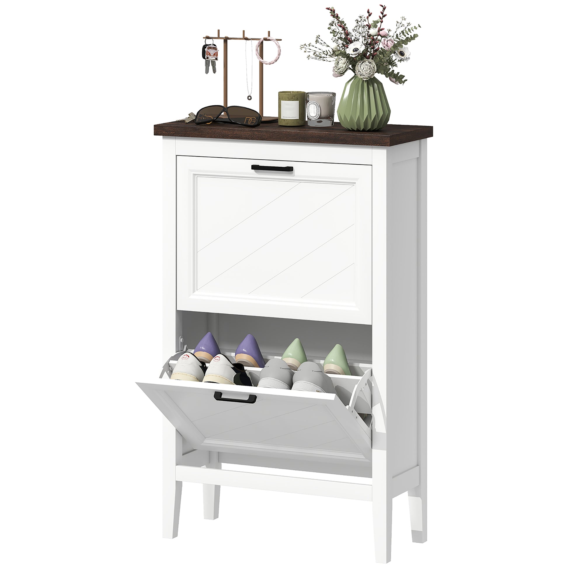 Shoe Cabinet with 2 Flip Drawers, Farmhouse Narrow Shoe Storage Cabinet with Adjustable Shelves, White-Home Furnishings > Storage & Organization > Shoe Storage Cabinets & Racks-DECOROLALA