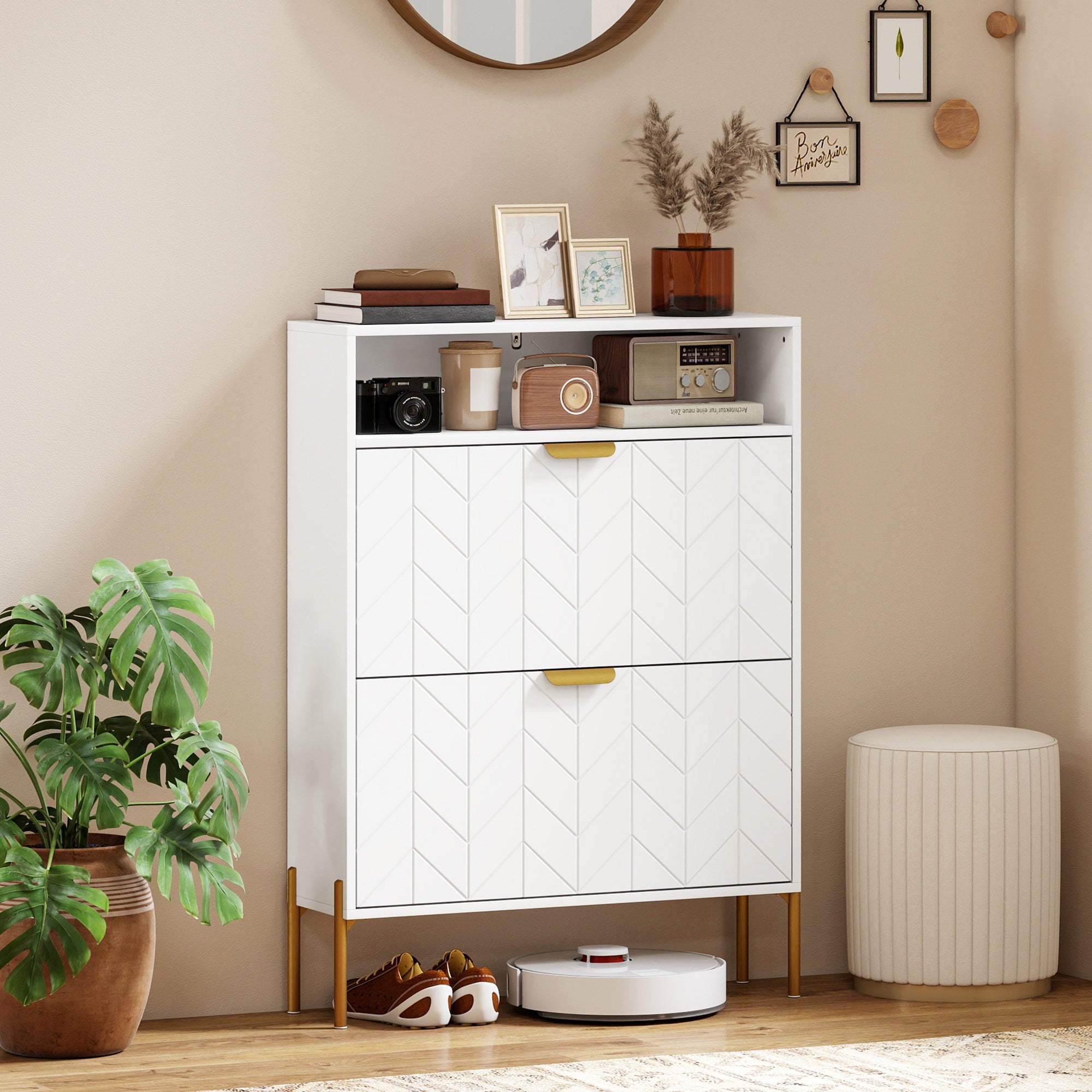 Shoe Cabinet with 2 Flip Drawers, Modern Narrow Shoe Storage Cabinet with Open Compartment, Adjustable Shelves, White-Home Furnishings > Storage & Organization > Shoe Storage Cabinets & Racks-DECOROLALA